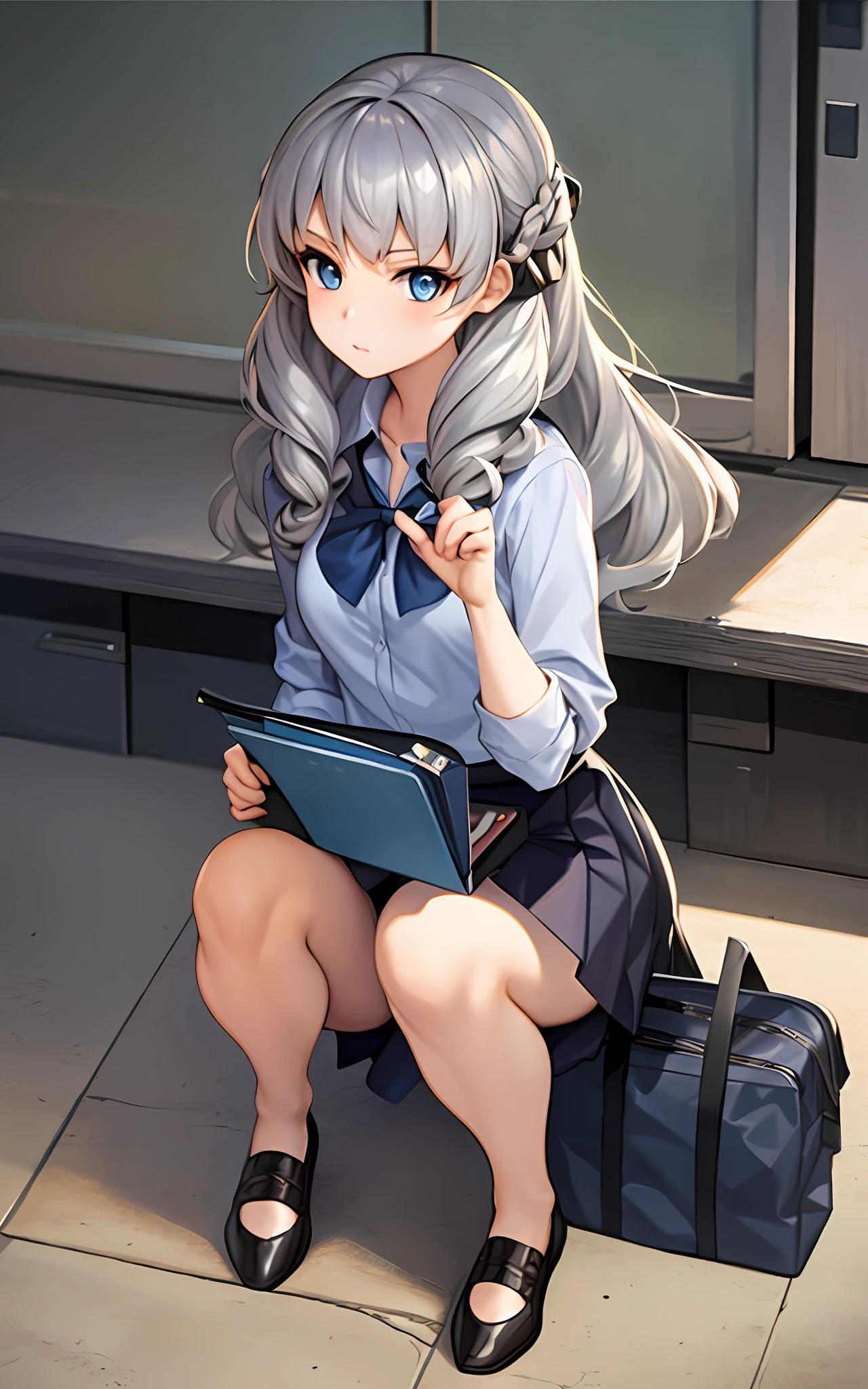 girl, solo, skirt takushi, bink panties, plain clothes (casual, summer clothes), sheer bra, silver hair, blue eyes, wavy hair, microskirt, college student, anime girl in uniform sitting on floor with skirt open, surreal schoolgirl, surreal schoolgirl, beautiful anime girl squatting, anime girl squatting, realistic schoolgirl, Small curvaceous loli, fine details. Girls Frontline, (SFW) from Safe, Seductive Anime Girls, Cute Schoolgirls, Girls Frontlines to Work