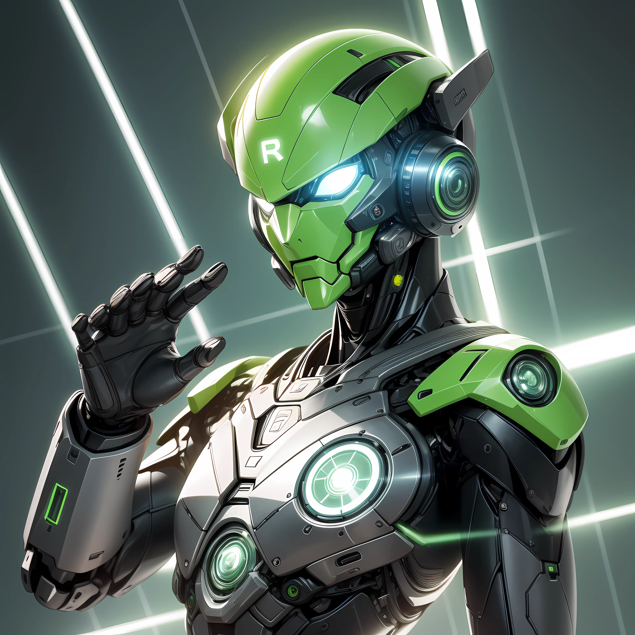 The image shows a human with robotic features, with a body made of shiny metal and a head with bright digital eyes. The android is raising his right hand, from which he radiates a bright light of green color. Inside the light, one can see the number 1 highlighted, in a futuristic and digital style. The background is filled with a dark green color, which further highlights the bright light emitted by the android's hand. --auto --s2