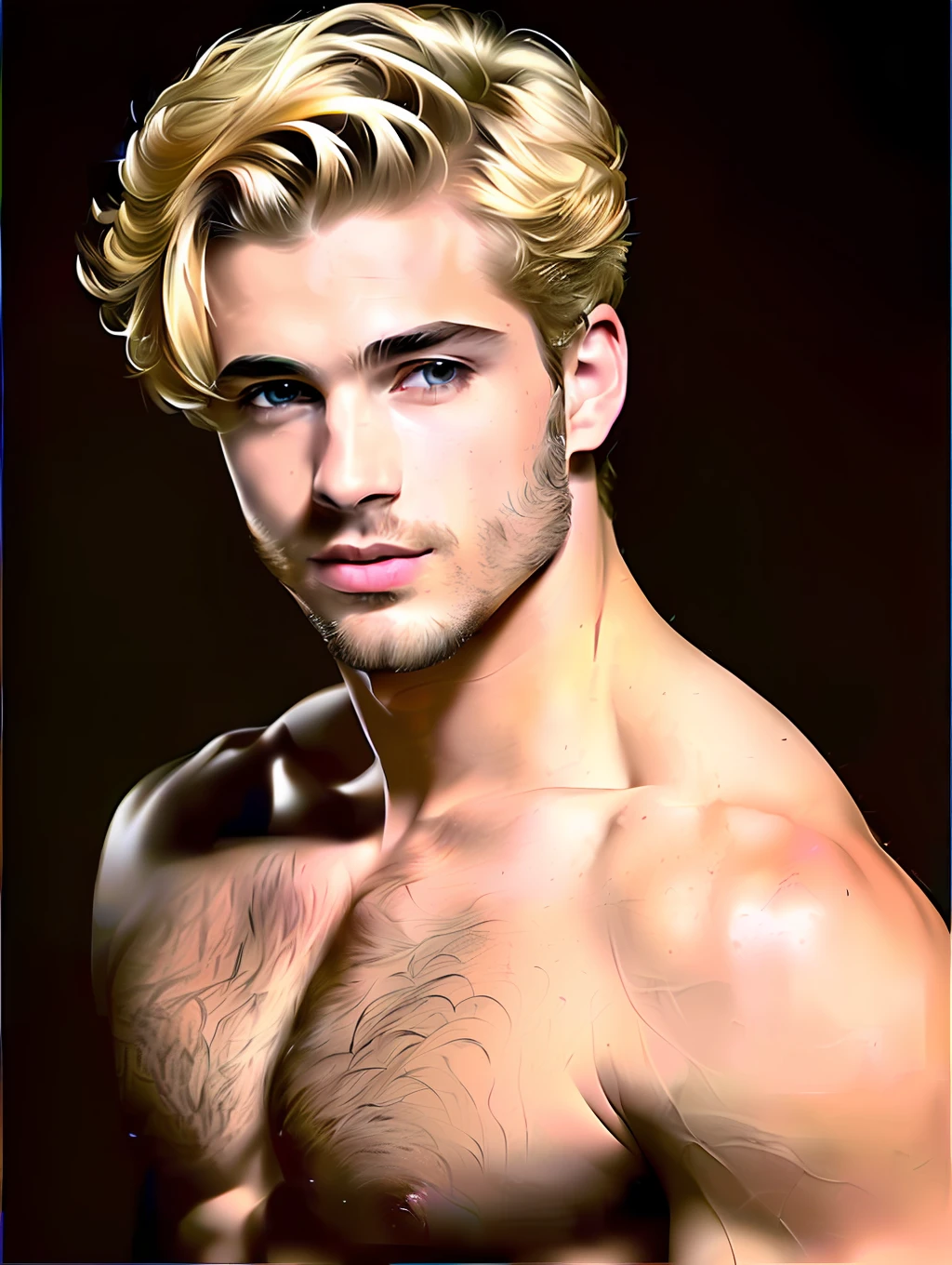 A painted portrait of a fitted Apollo, God of beauty, greek god, greek male beauty, blonde hair, big expressive eyes, big lips, golden skin, handsome male, young, insanely handsome, upper body, muscular, hairy torso, fantasy, intricate, elegant, highly detailed, digital painting, art station, concept art, soft, sharp focus, illustration, art by Bruno B