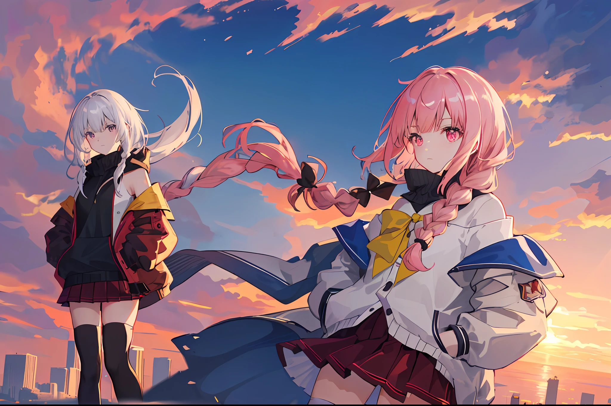 (wide_shot), (solo:1.5), 1girl, , petite, very_long_pink_hair, red_eyes, (braids), hair_ribbon, medium_breasts, over_shirt,(windbreaker), (off_shoulder), (pleated_skirt), (white_thighhighs:1.5), (randomly_distributed_clouds), (beautiful_detailed_blue_sky), (sunset), horizon, mountain, cityscape, (on_mountain_peak:1.2), ((masterpiece)), (highres), glowing_hair, (best_quality), (highly_detailed), (original),(Delicate background),(extremely detailed 8K wallpaper),cinematic lighting, volume lighting, light particles, shaded_face, beautiful_detailed_eyes, depth_of_field, perspective,holographic clothing:, (hands in pockets,:1.5), wind_blowing, floating hair, dramatic_angle,