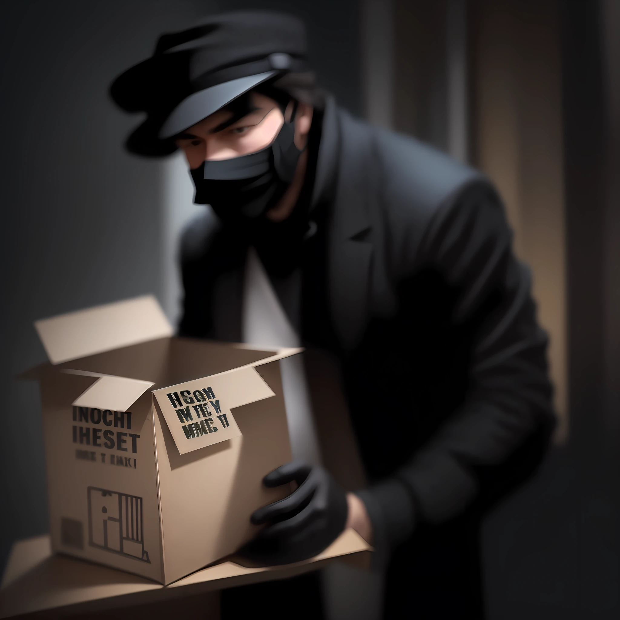 A man in black gently places a cardboard box in front of a pet hospital. The man wore a hat and mask, facial features unknown, a black jacket and jeans, and gloves that were also black. The picture is dim and the overall style is dark, which may be seen as a negative factor in terms of photographic angle. The picture is clear, but the man's face is blurred by the hat and mask. The man's action of gently lifting the cardboard box is the main focus of the picture, but the angle is not good and does not provide a complete scene. The key elements in the picture are the man in black, the pet hospital and the cardboard box. However, this image may be considered too simplistic and lacks additional details and elements. The man's behavior hints at his mysterious behavior, but this may not be a positive factor in the picture. Photographic techniques such as high contrast, fisheye lenses, backlit shots, shutter priority, and slight tilt shift can all be used to enhance this image --auto --s2