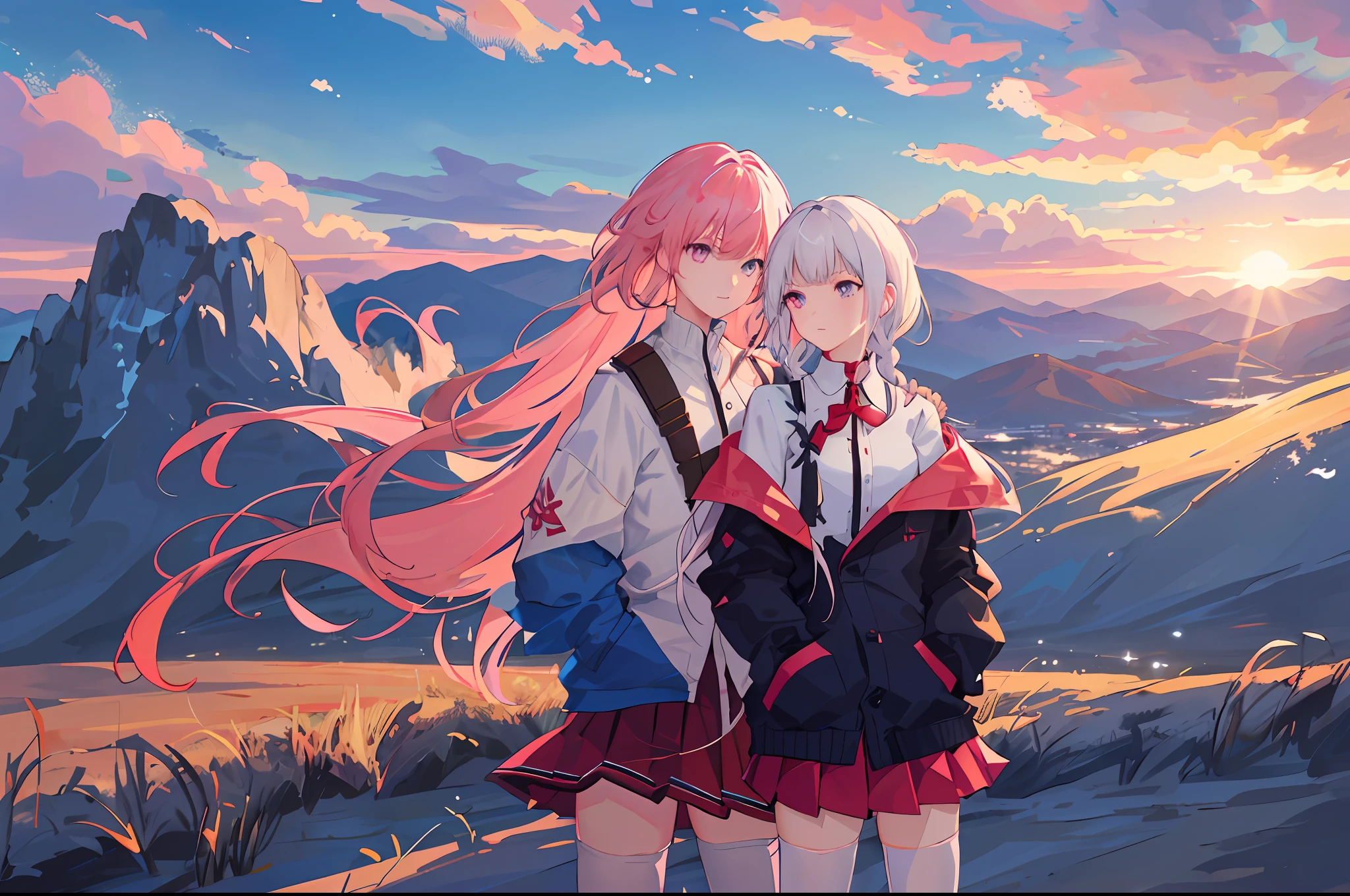 (wide_shot), (solo:1.5), 1girl, , petite, very_long_pink_hair, red_eyes, (braids), hair_ribbon, medium_breasts, over_shirt,(windbreaker), (off_shoulder), (pleated_skirt), (white_thighhighs:1.5), (randomly_distributed_clouds), (beautiful_detailed_blue_sky), (sunset), horizon, mountain, cityscape, (on_mountain_peak:1.2), ((masterpiece)), (highres), glowing_hair, (best_quality), (highly_detailed), (original),(Delicate background),(extremely detailed 8K wallpaper),cinematic lighting, volume lighting, light particles, shaded_face, beautiful_detailed_eyes, depth_of_field, perspective,holographic clothing:, (hands in pockets,:1.5), wind_blowing, floating hair, dramatic_angle,