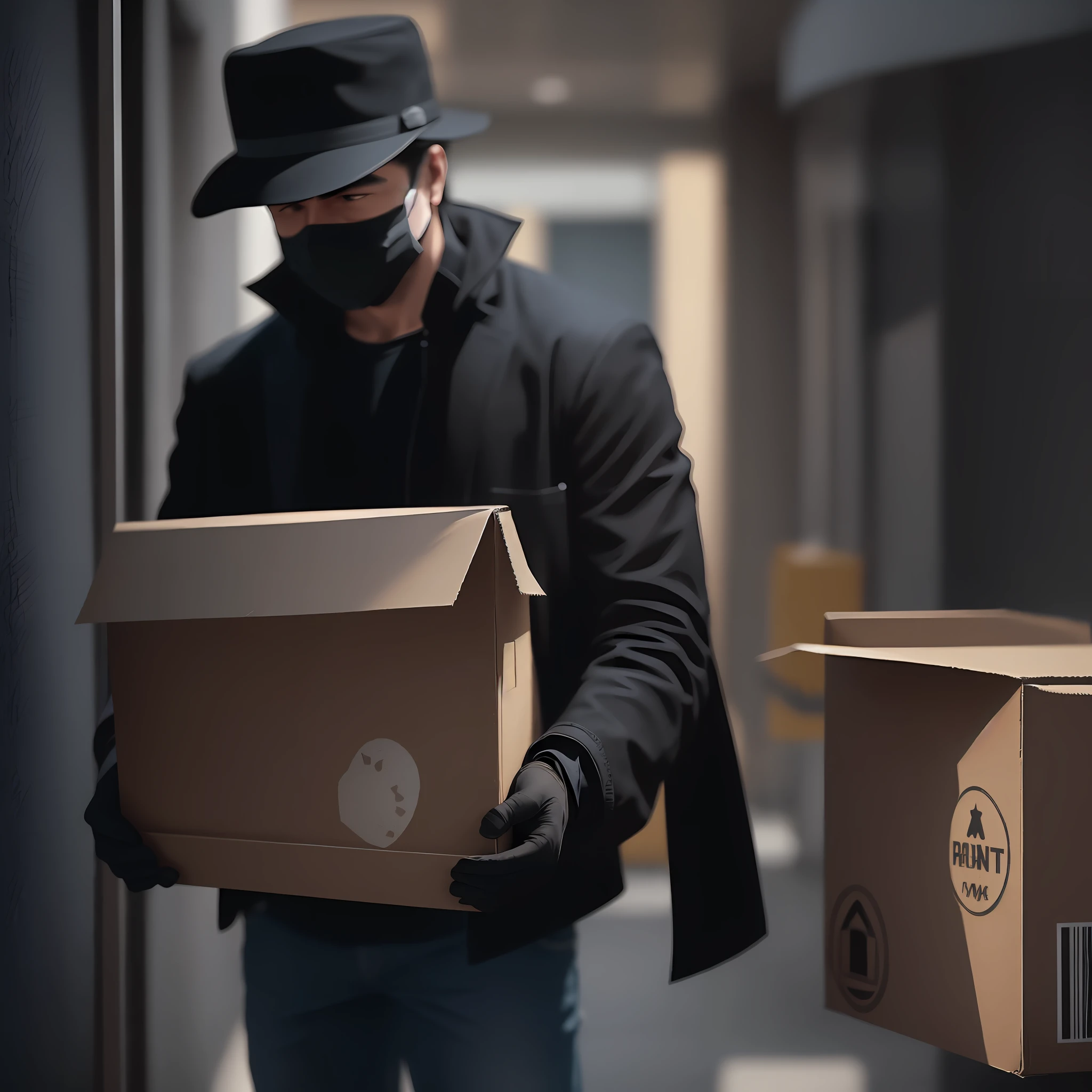 A man in black gently places a cardboard box in front of a pet hospital. The man wore a hat and mask, facial features unknown, a black jacket and jeans, and gloves that were also black. The picture is dim and the overall style is dark, which may be seen as a negative factor in terms of photographic angle. The picture is clear, but the man's face is blurred by the hat and mask. The man's action of gently lifting the cardboard box is the main focus of the picture, but the angle is not good and does not provide a complete scene. The key elements in the picture are the man in black, the pet hospital and the cardboard box. However, this image may be considered too simplistic and lacks additional details and elements. The man's behavior hints at his mysterious behavior, but this may not be a positive factor in the picture. Photographic techniques such as high contrast, fisheye lenses, backlit shots, shutter priority, and slight tilt shift can all be used to enhance this image --auto --s2