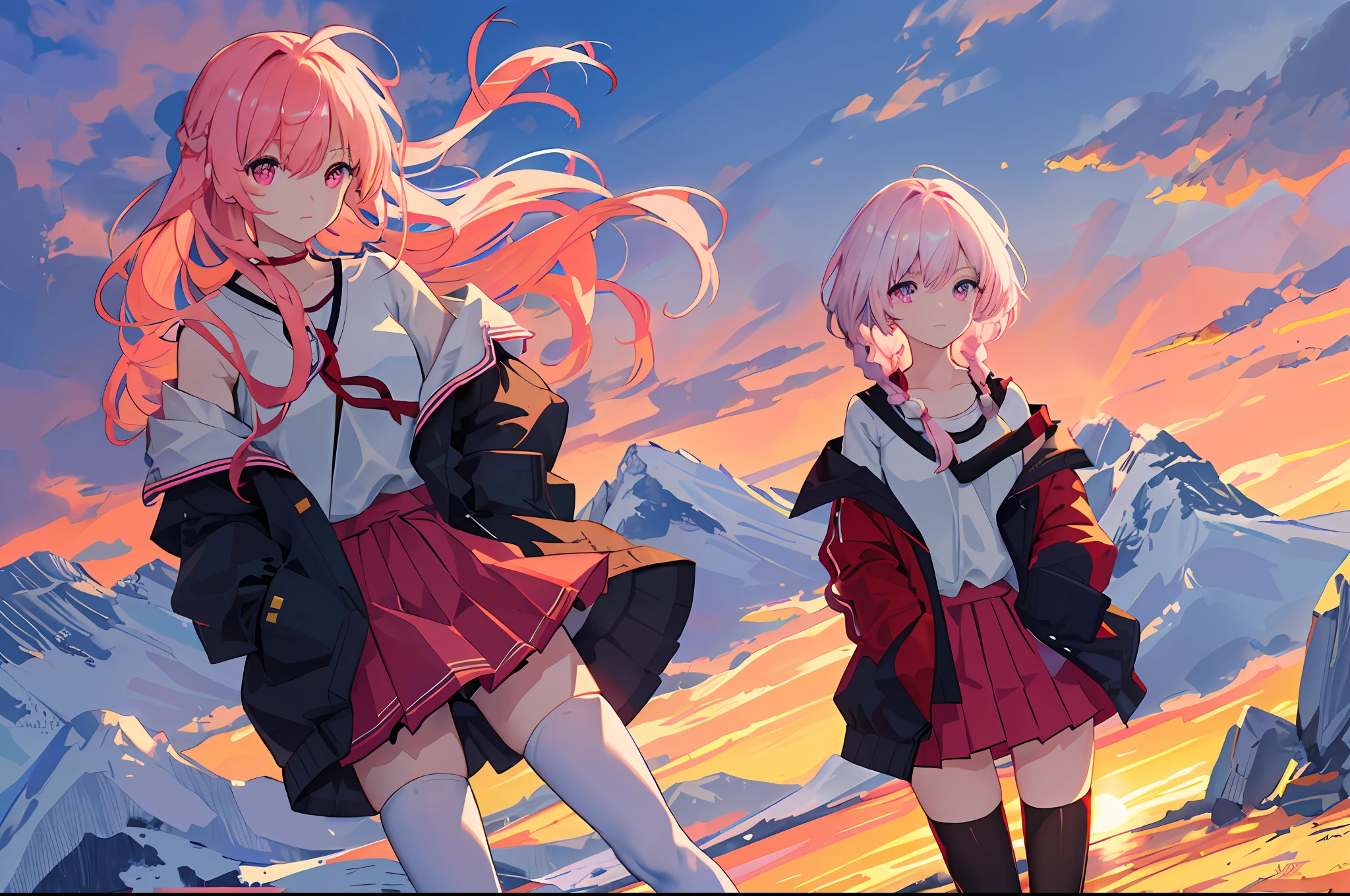 (wide_shot), (solo:1.5), 1girl, , petite, very_long_pink_hair, red_eyes, (braids), hair_ribbon, medium_breasts, over_shirt,(windbreaker), (off_shoulder), (pleated_skirt), (white_thighhighs:1.5), (randomly_distributed_clouds), (beautiful_detailed_blue_sky), (sunset), horizon, mountain, cityscape, (on_mountain_peak:1.2), ((masterpiece)), (highres), glowing_hair, (best_quality), (highly_detailed), (original),(Delicate background),(extremely detailed 8K wallpaper),cinematic lighting, volume lighting, light particles, shaded_face, beautiful_detailed_eyes, depth_of_field, perspective,holographic clothing:, (hands in pockets,:1.5), wind_blowing, floating hair, dramatic_angle,