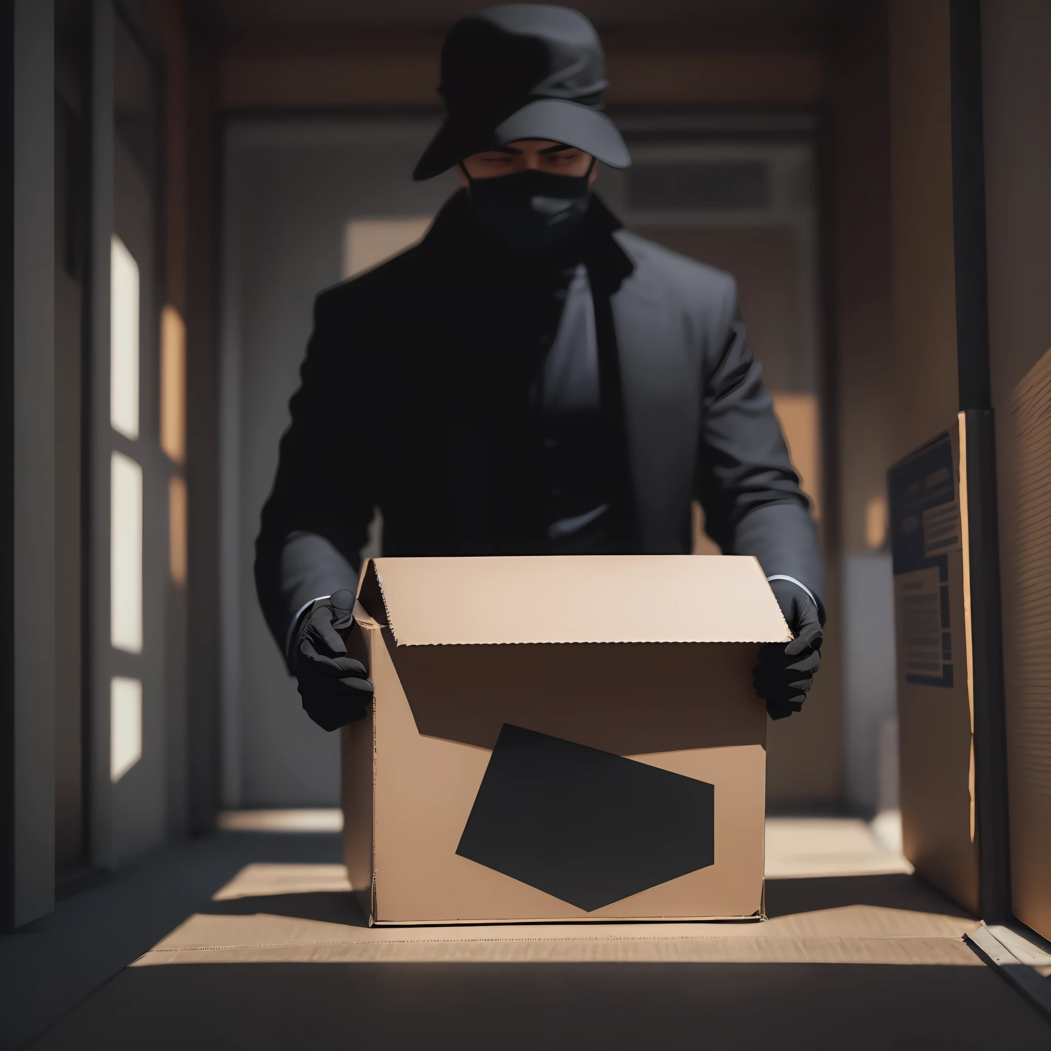 A man in black gently places a cardboard box in front of a pet hospital. The man wore a hat and mask, facial features unknown, a black jacket and jeans, and gloves that were also black. The picture is dim and the overall style is dark, which may be seen as a negative factor in terms of photographic angle. The picture is clear, but the man's face is blurred by the hat and mask. The man's action of gently lifting the cardboard box is the main focus of the picture, but the angle is not good and does not provide a complete scene. The key elements in the picture are the man in black, the pet hospital and the cardboard box. However, this image may be considered too simplistic and lacks additional details and elements. The man's behavior hints at his mysterious behavior, but this may not be a positive factor in the picture. Photographic techniques such as high contrast, fisheye lenses, backlit shots, shutter priority, and slight tilt shift can all be used to enhance this image --auto --s2