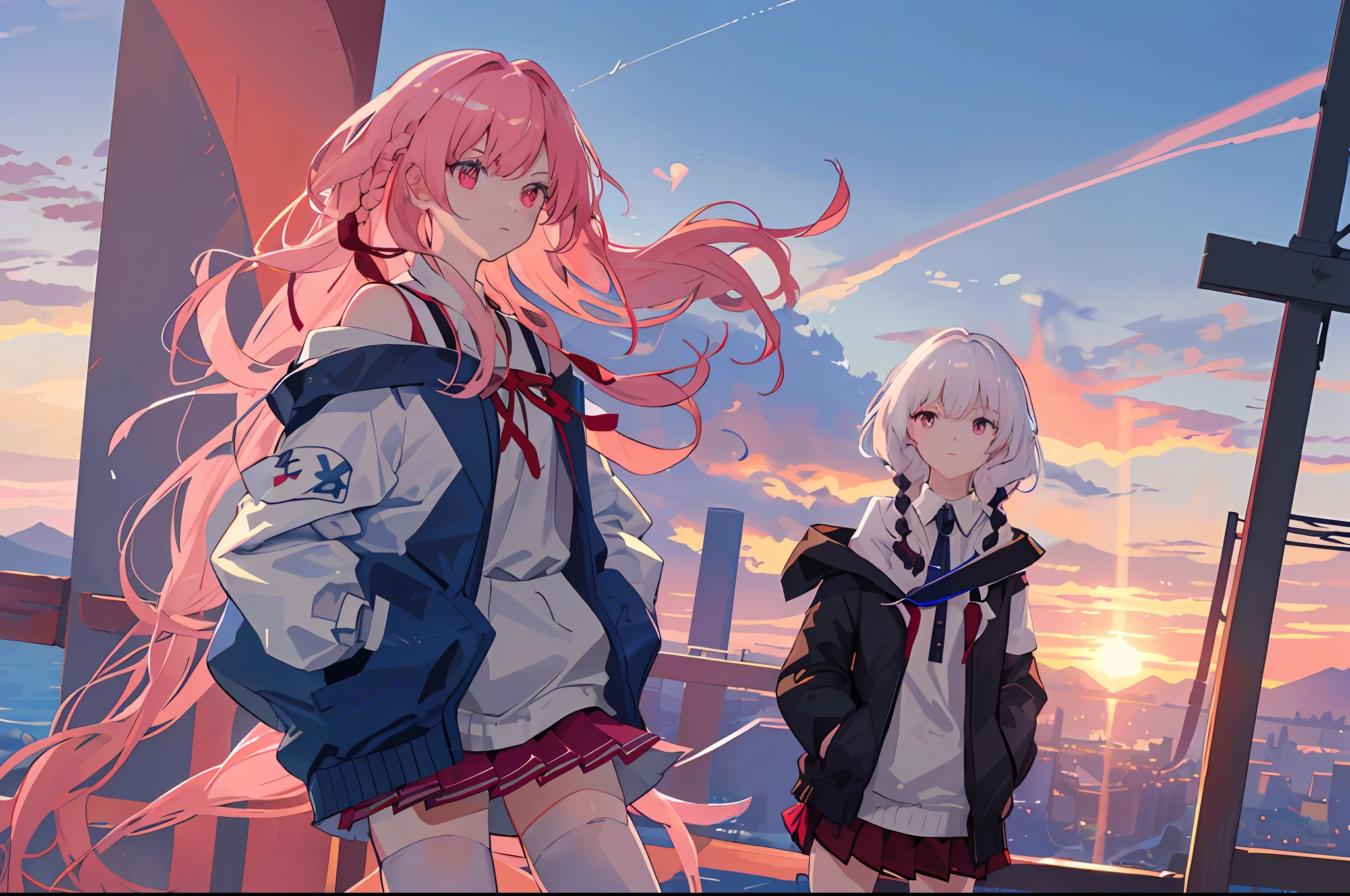 (wide_shot), (solo:1.5), 1girl, li, pee, very_long_pink_hair, red_eyes, (braids), hair_ribbon, medium_breasts, over_shirt,(windbreaker), (off_shoulder), (pleated_skirt), (white_thighhighs:1.5), (randomly_distributed_clouds), (beautiful_detailed_blue_sky), (sunset), horizon, mountain, cityscape, (on_mountain_peak:1.2), ((masterpiece)), (highres), glowing_hair, (best_quality), (highly_detailed), (original),(Delicate background),(extremely detailed 8K wallpaper),cinematic lighting, volume lighting, light particles, shaded_face, beautiful_detailed_eyes, depth_of_field, perspective,holographic clothing:, (hands in pockets,:1.5), wind_blowing, floating hair, dramatic_angle,