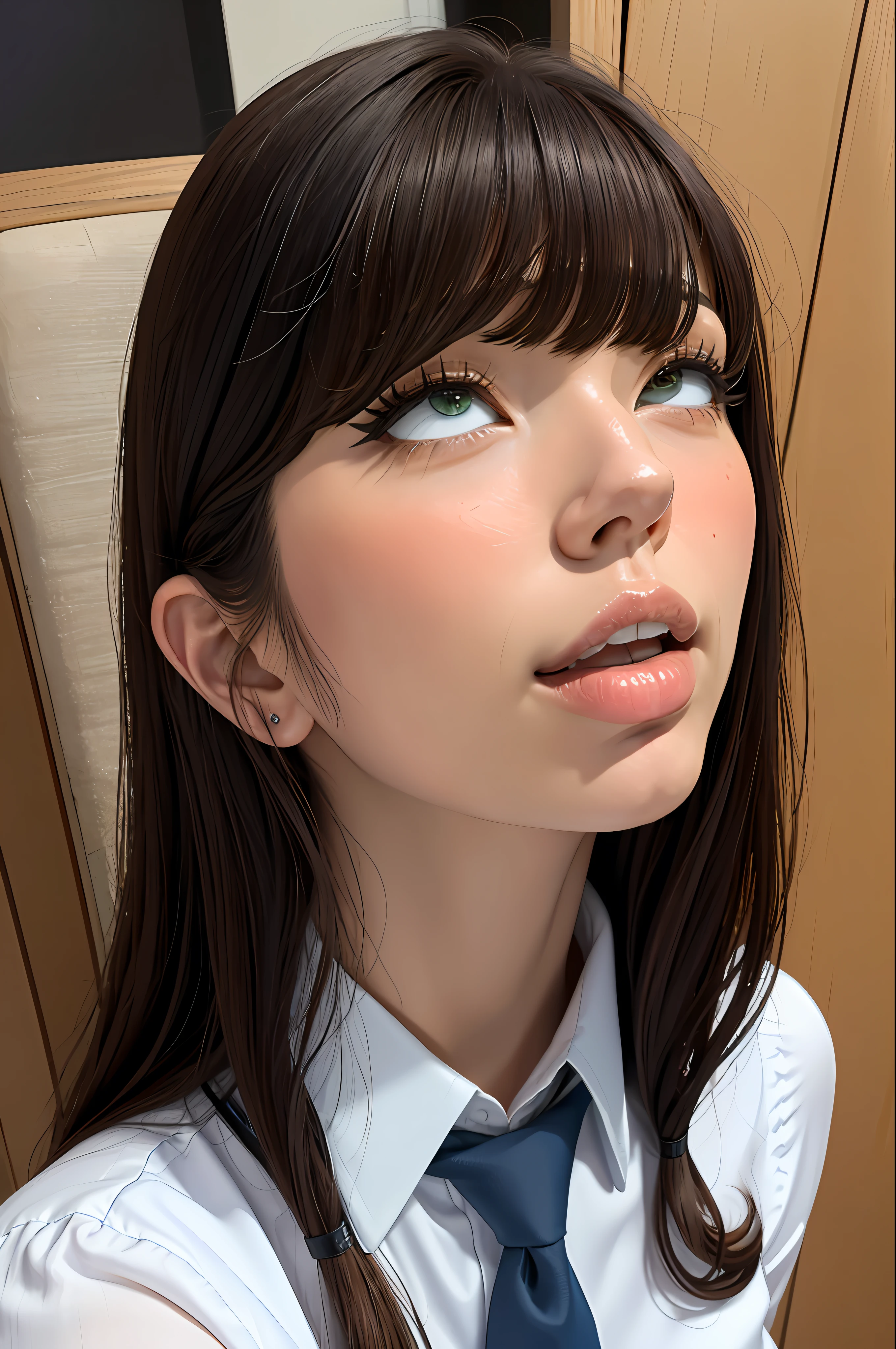 masterpiece, best quality, ultra-detailed, illustration, epic lighting, cinematic composition, isometric, view from above, 1girl, (solo:1.5), cute, blue eyes, green eyes, detailed iris, black hair, swept bangs, single sidelock, red hairclip, white collared shirt, black necktie, black pants, formal, enchanting gaze, captivating pose, indoors, office, door, opening door, looking at viewer, peeking out upper body, blush, seductive smile, closed mouth,(8k:1.1), (ahegao:1.5)