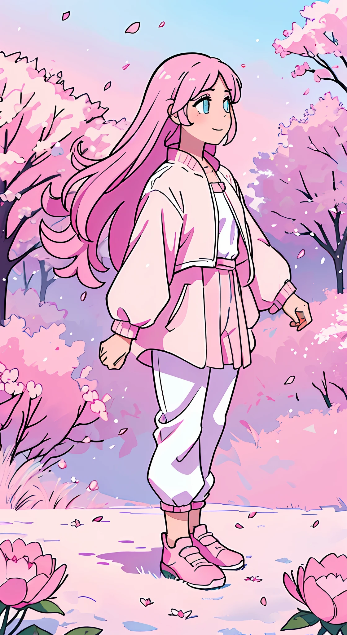 (absurdres, highres, ultra detailed, UHD, cinematic), solo, 1girl, mature, happy, girl standing in pink pink flower field, light pink flower petal surrounding girl, full body, pink long hair girl, light pink hair, fantasy, dreamy, snowy, official art, pop art, profile, ultra detailed face, ultra detailed eyes, light pink flower field, ultra detailed field, white pink sky, cold, light pink, pink, white, nebula in the sky, pink tree, watercolor, pastel color
