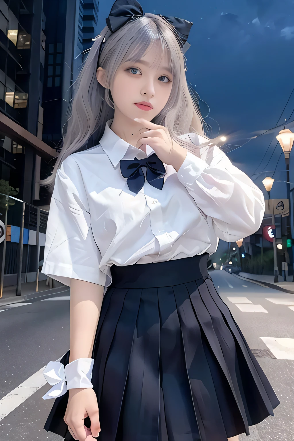 (8k, RAW photo, best quality, masterpiece:1.3),(realistic,photo-realistic:1.37),(night),(looking at viewer:1.331),(white hair),posing,Tokyo street,nightcityscape, cyberpunk city,soft light,1girl,extremely beautiful face,bust,put down hands,Random hairstyle,Random expression,big eyes, ,lower abdomen, (short-sleeved JK_shirt),JK_style,(dark blue JK_skirt) ,(bow JK_tie),mix4