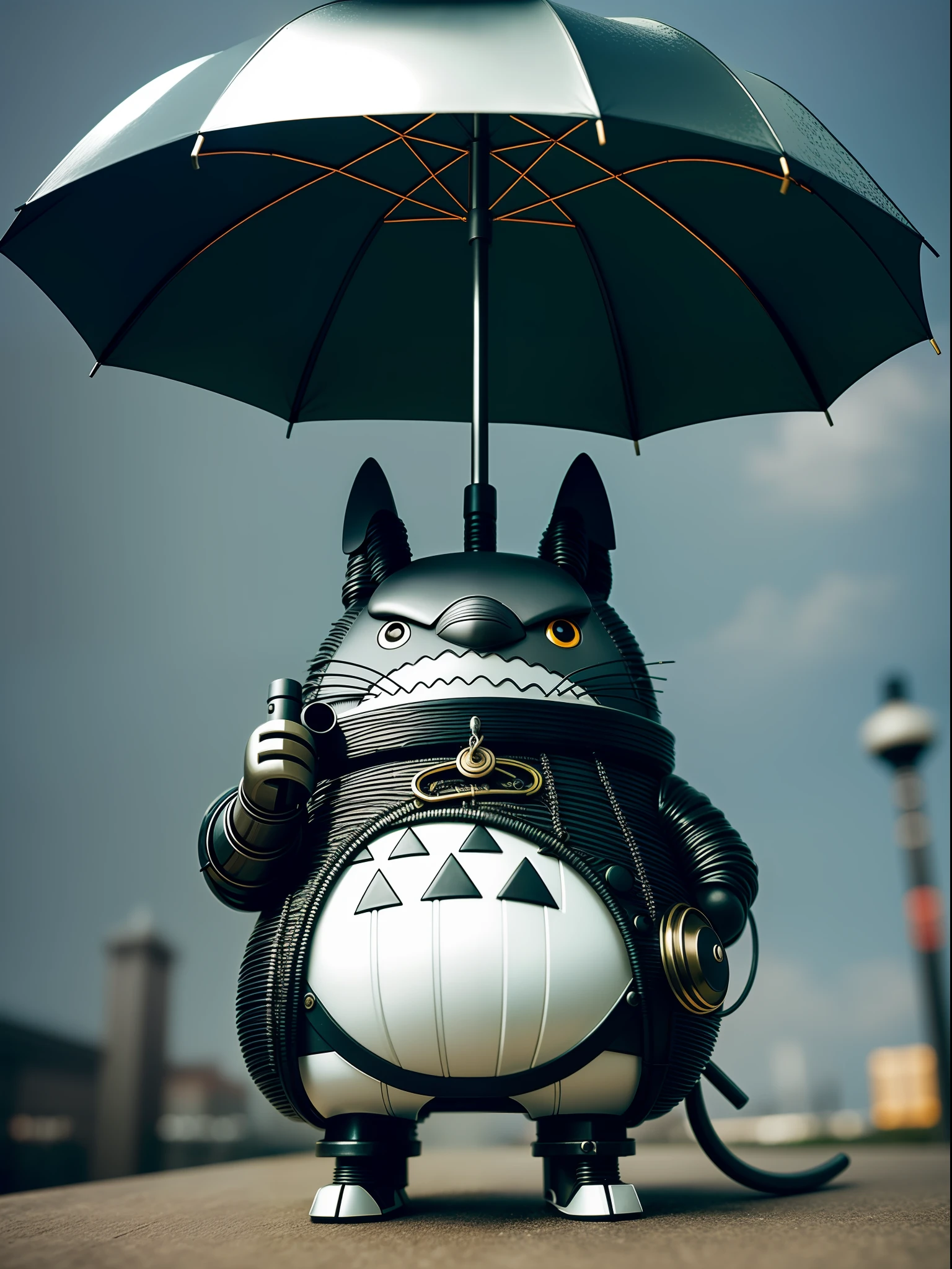Miyazaki Totoro with umbrella, new metallic, showing fashion sense + (cyborg), matte texture metal texture + (tail | detailed wire:1.3), complex texture + (complex details), high dynamic range + (HDR), open detail crossing new heights + (complex details, hyperdetailed: 1.2), cinematic capture, revealing intriguing atmosphere + (movie lens), vignette effect highlighting + (vignette), picture centered, Highlight the subject + (center).