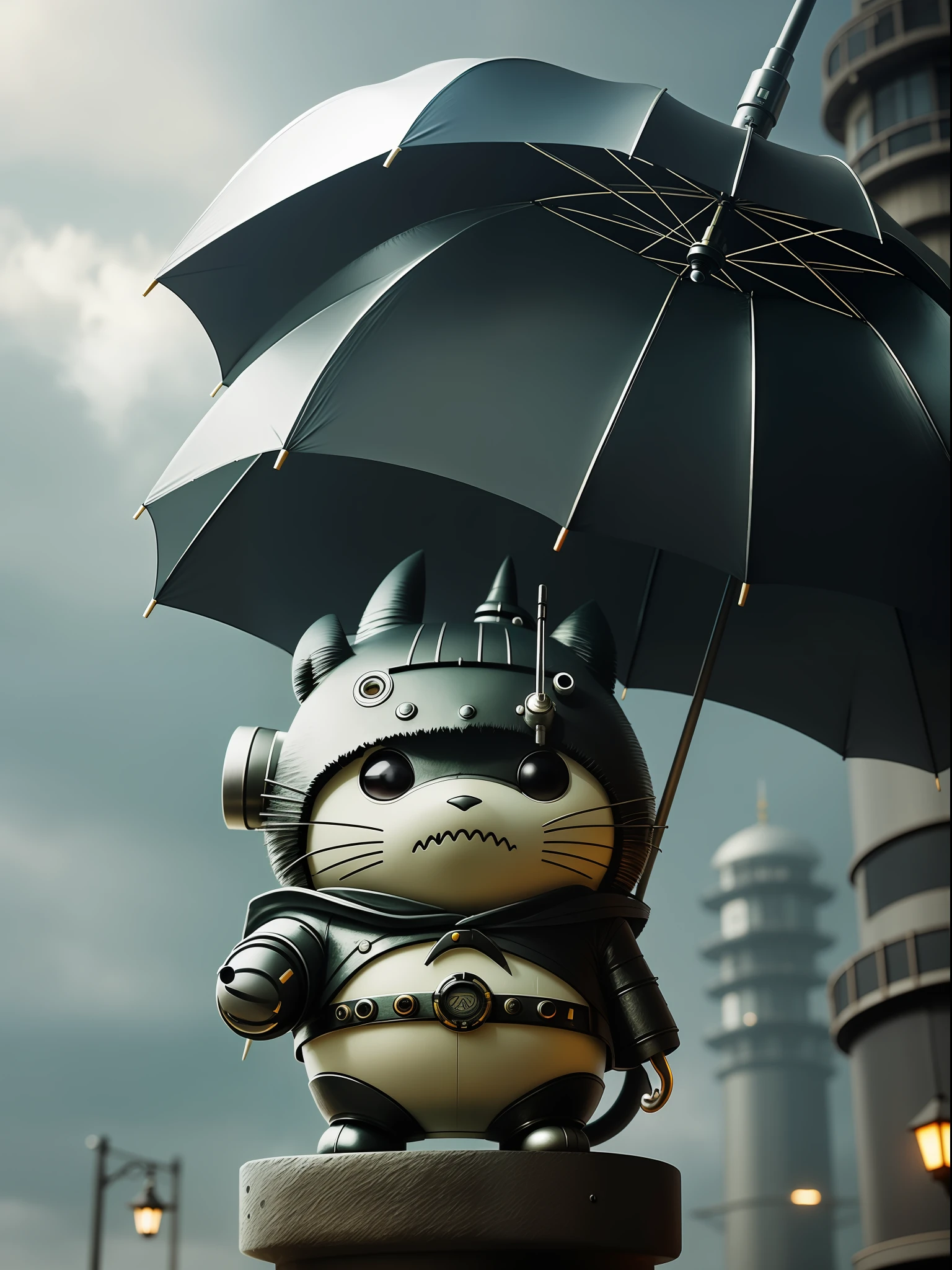 Miyazaki Totoro with umbrella, new metallic, showing fashion sense + (cyborg), matte texture metal texture + (tail | detailed wire:1.3), complex texture + (complex details), high dynamic range + (HDR), open detail crossing new heights + (complex details, hyperdetailed: 1.2), cinematic capture, revealing intriguing atmosphere + (movie lens), vignette effect highlighting + (vignette), picture centered, Highlight the subject + (center).