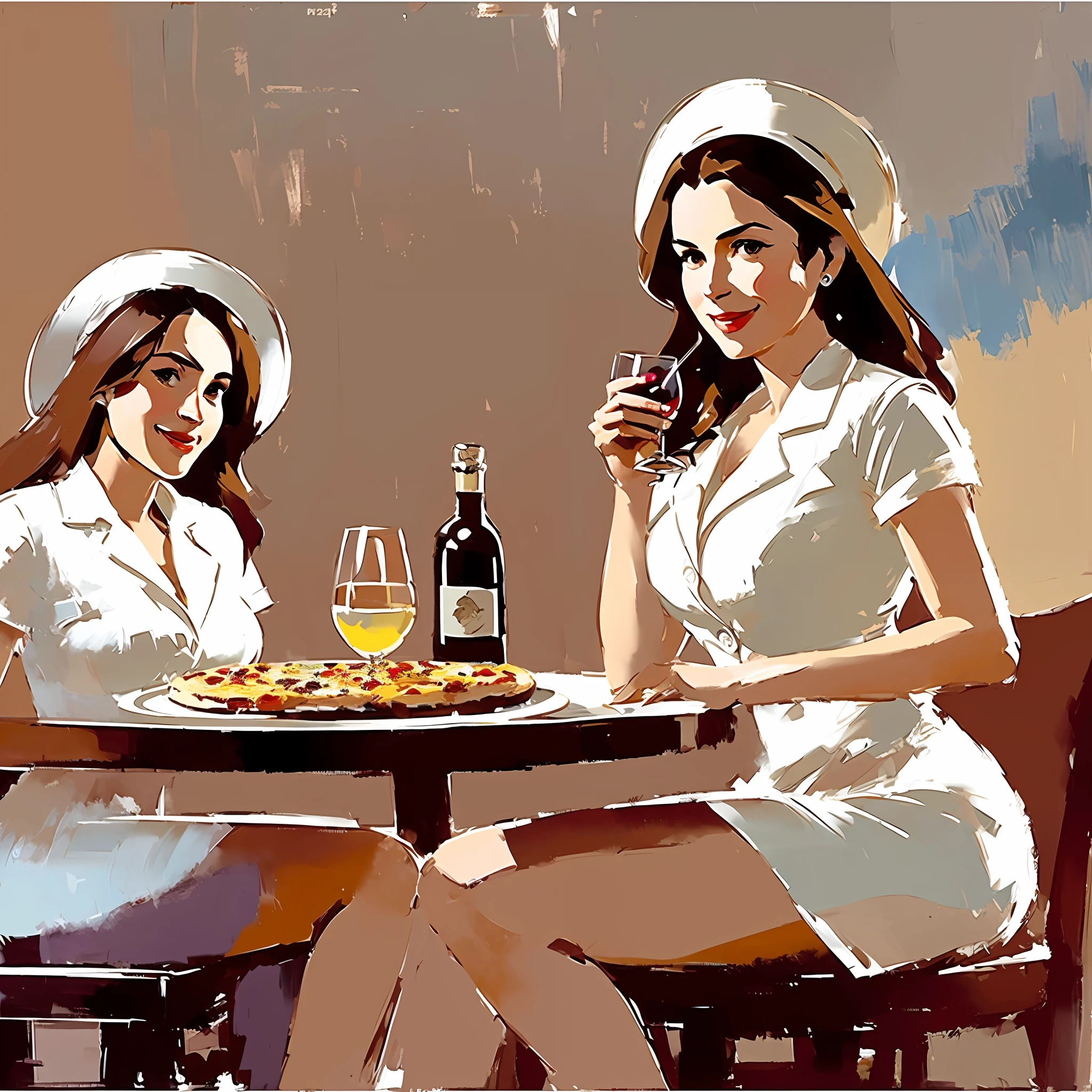 Full body photo of the world's most beautiful Kelly Brook artwork with WW2 nurse holding a bottle of wine in one hand a juicy piece of pizza, sitting at a nearby table, smiling, freckles, white clothing, nostalgia, sexy, stethoscope, heart majestic oil painting professional by Ed Blinkey, Atey Ghailan, Studio Ghibli, by Jeremy Mann, Greg Manchess, Antonio Moro, trend at ArtStation, trend at CGSociety, Intricate, High Detail, Sharp Focus, dramatic and photorealistic art by Midjourney and Greg Rutkowski