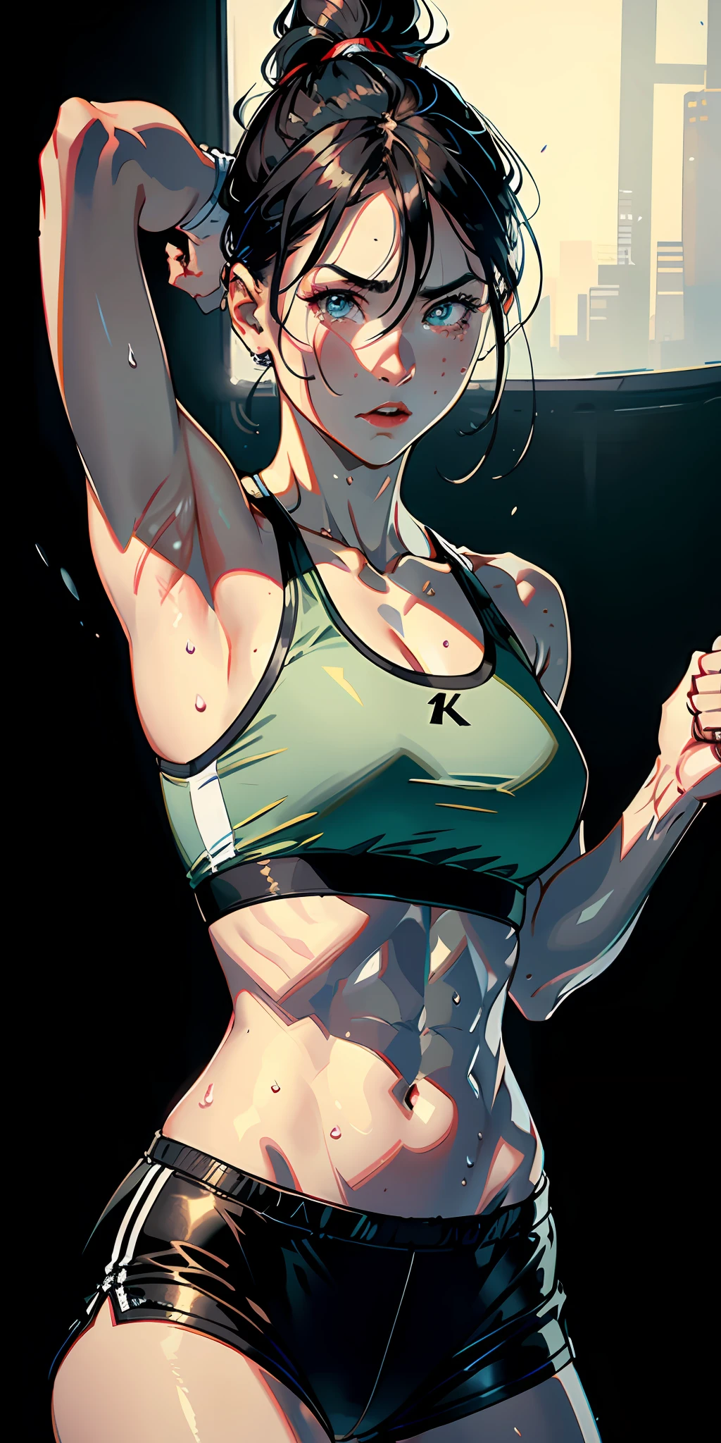 (Original), (Very Detailed Wallpaper), (Best Quality), (Masterpiece), Photographic Reality, Realistic, Very Detailed Illustrations, (1 Girl), Beautiful Eyes, (Delicate Face), Perfect Details, (Best Lighting), (Super Complex Details), (Boxing Girl), (Aggressive Punching), Sweat, Heavy Breathing, (Crushing Attack), (Boxing Ring), Sports Shorts, Perfect Details, Perfect Fingers, Perfect Limbs, Impact, (Shiny Skin), Abs, Muscles, Waist Line, Boxing shorts, boxing, black hair, high ponytail, super long hair, 4K unity, (super fine CG: 1.2), (8K: 1.2), realistic, octane rendering, navel