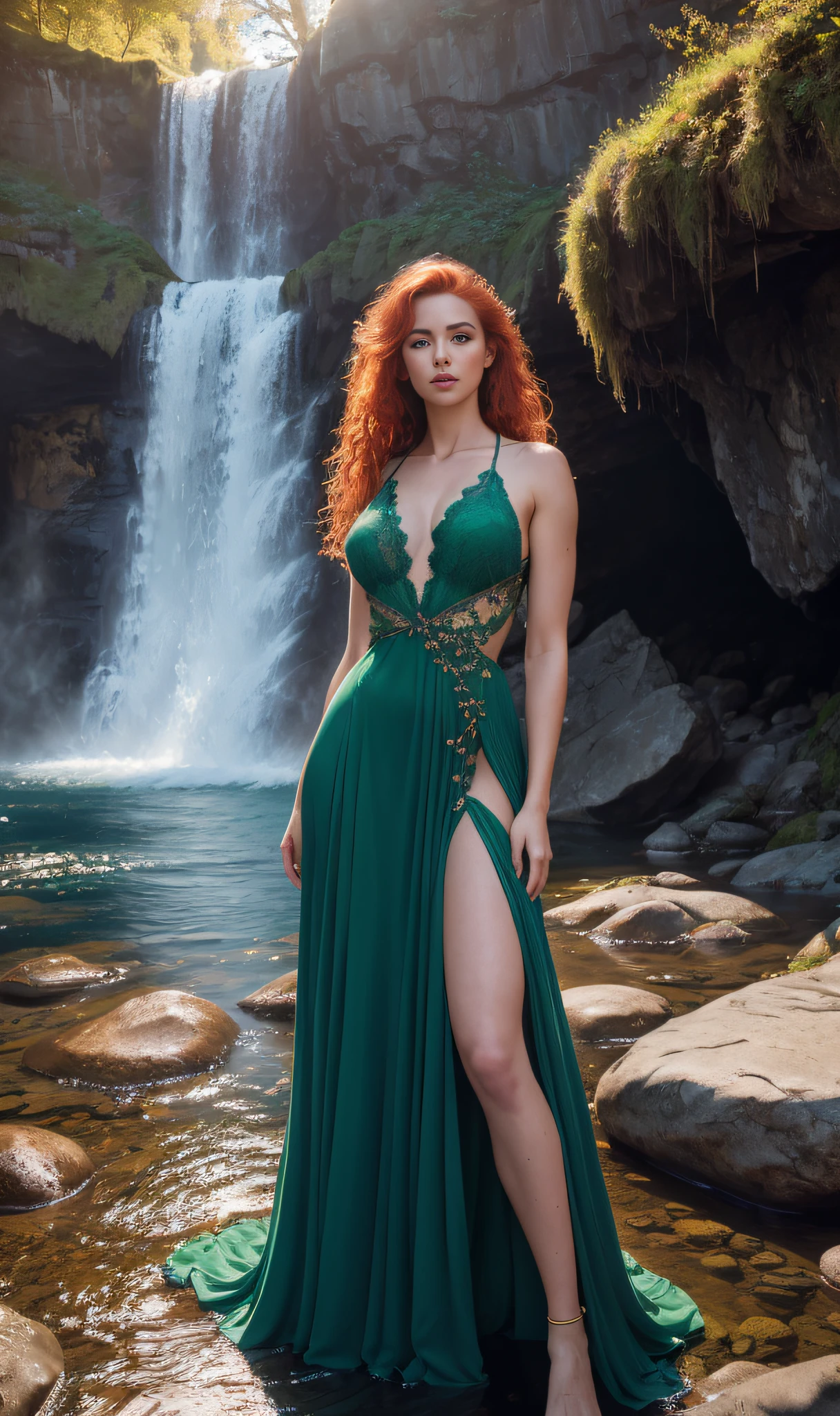 Masterpiece, (((full figure))) entire body in frame, (((magical lighting action shot))) (((beautiful seductive slight smile sexy anorexic pale goddess irrish woman on stone by waterfall getting soaked by a sky temple high camera angle))), ((( intricate green lace future fantasy long dress covering the body))) , (((long redhead hair))) sunset lighting, golden hour, golden colors, very detailed, dramatic lighting, digital art trending on Artstation 8k HD high definition detailed realistic, detailed, skin texture, hyper detailed, realistic skin texture, armature, best quality, ultra high res, (photorealistic:1.4), high resolution, detailed, raw photo, sharp re, by lee jeffries nikon d850 film stock photograph 4 kodak portra 400 camera f1.6 lens rich colors hyper realistic lifelike texture dramatic lighting unrealengine trending on artstation cinestill 800, (((accurate female anatomy)))