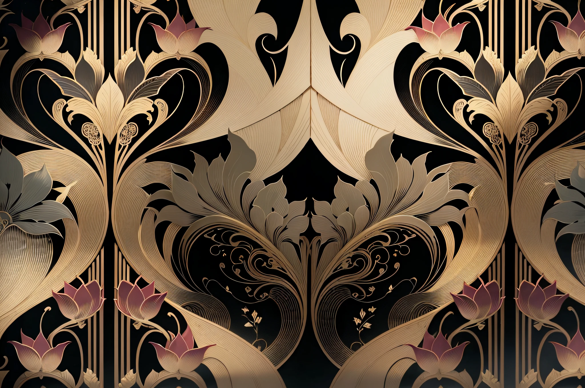 Black luxury cloth, silk satin velvet, with floral shapes, gold threads, luxurious wallpaper, elegant abstract design --auto --s2