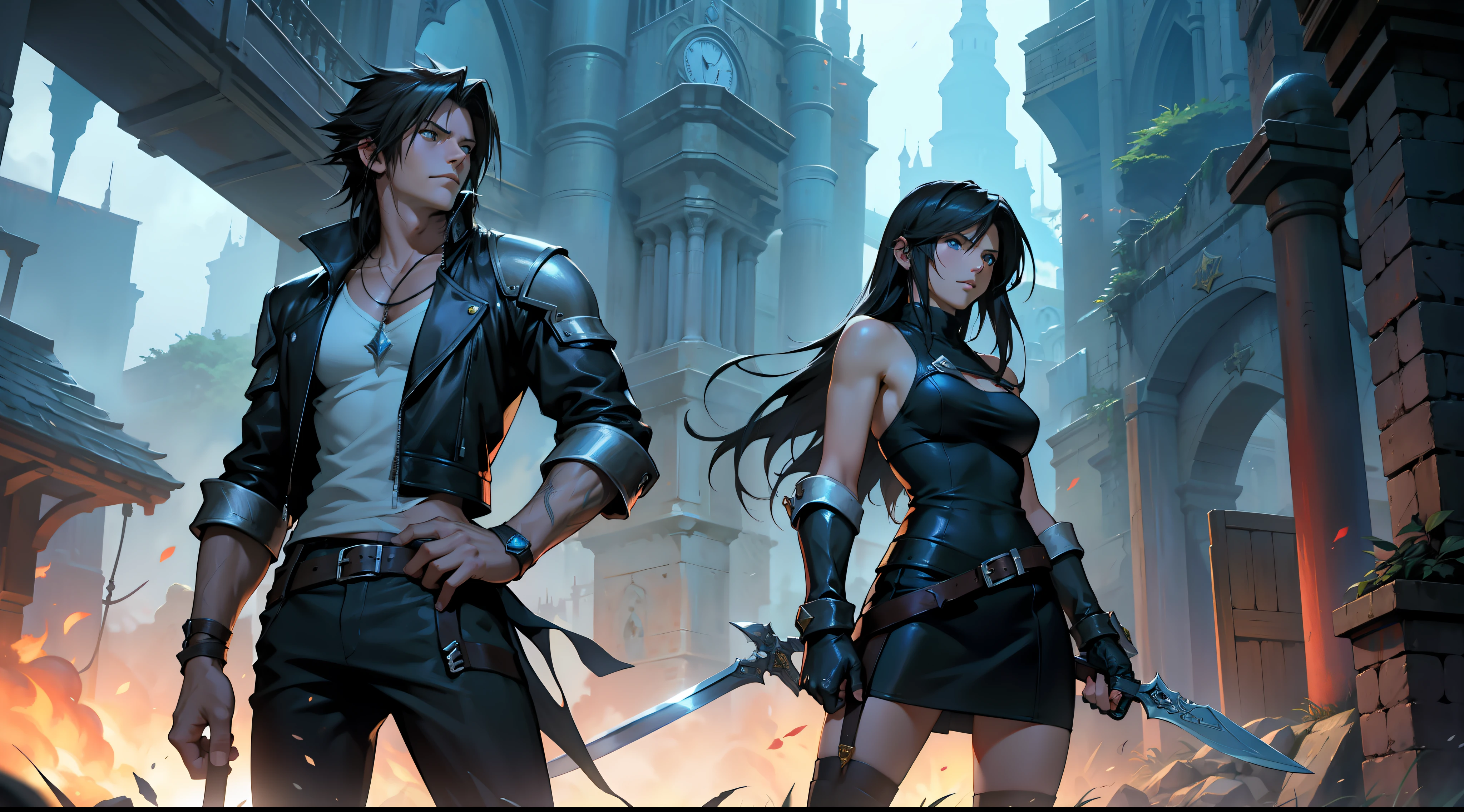 Squall Leonheart and Rinoa Heartilly, from Final Fantasy 8, as medieval paladins, with full armor and swords