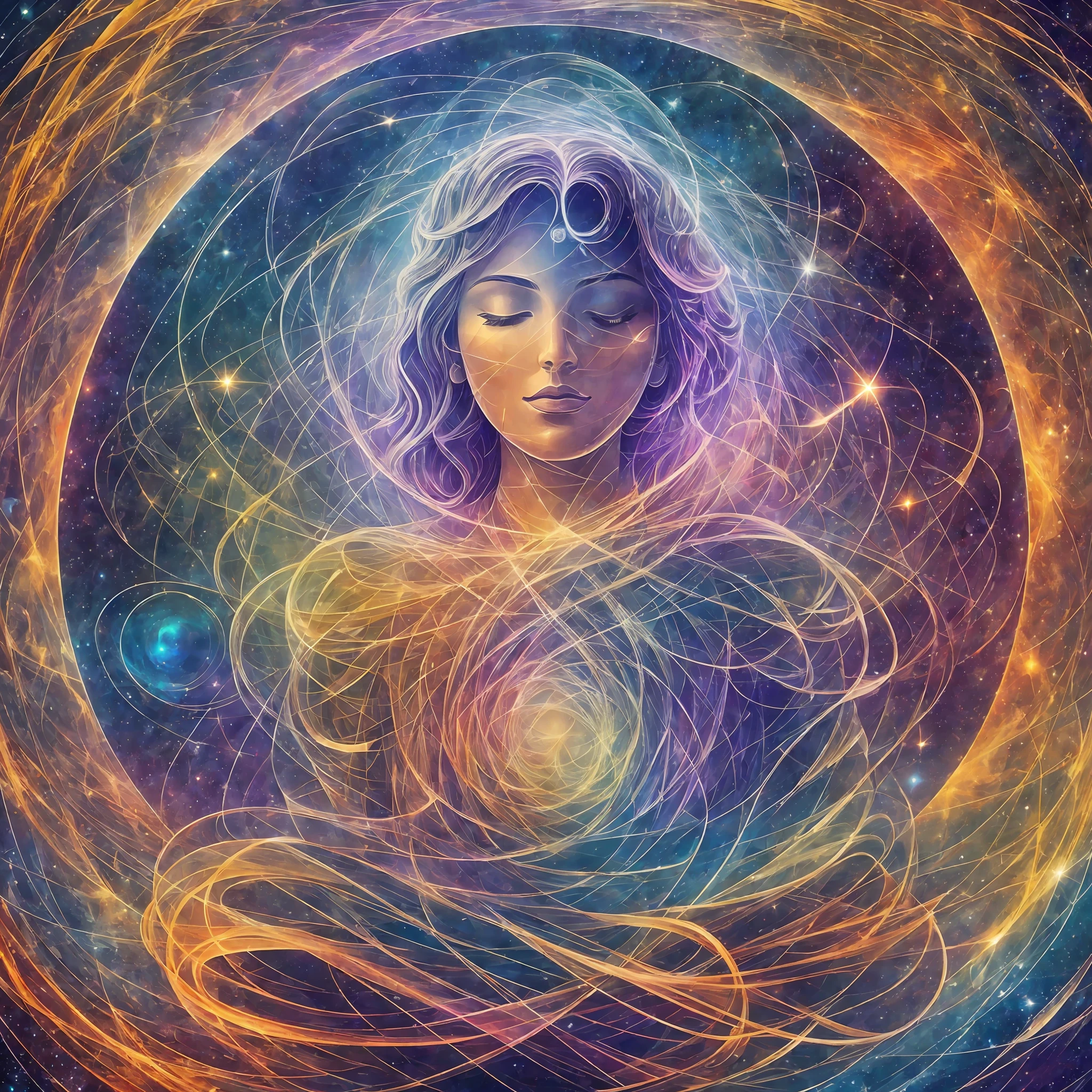 In the center of the image, the human figure is surrounded by a powerful aura of light, which radiates outwards in all directions, symbolizing their connection with the divine. The aura is comprised of a range of colors, including shades of blue, green, and pink, which create a dynamic and vibrant energy.
The human figure appears to be in a state of meditation or contemplation, with their eyes closed and their face peaceful and serene. They seem to be completely at one with the universe, connected to the stars and planets around them.
The image evokes a sense of awe and wonder, inspiring the viewer to contemplate the beauty and mystery of the universe. It reminds us of the infinite possibilities that exist beyond our understanding, and encourages us to explore our spiritual connection with the universe and the divine. --auto --s2