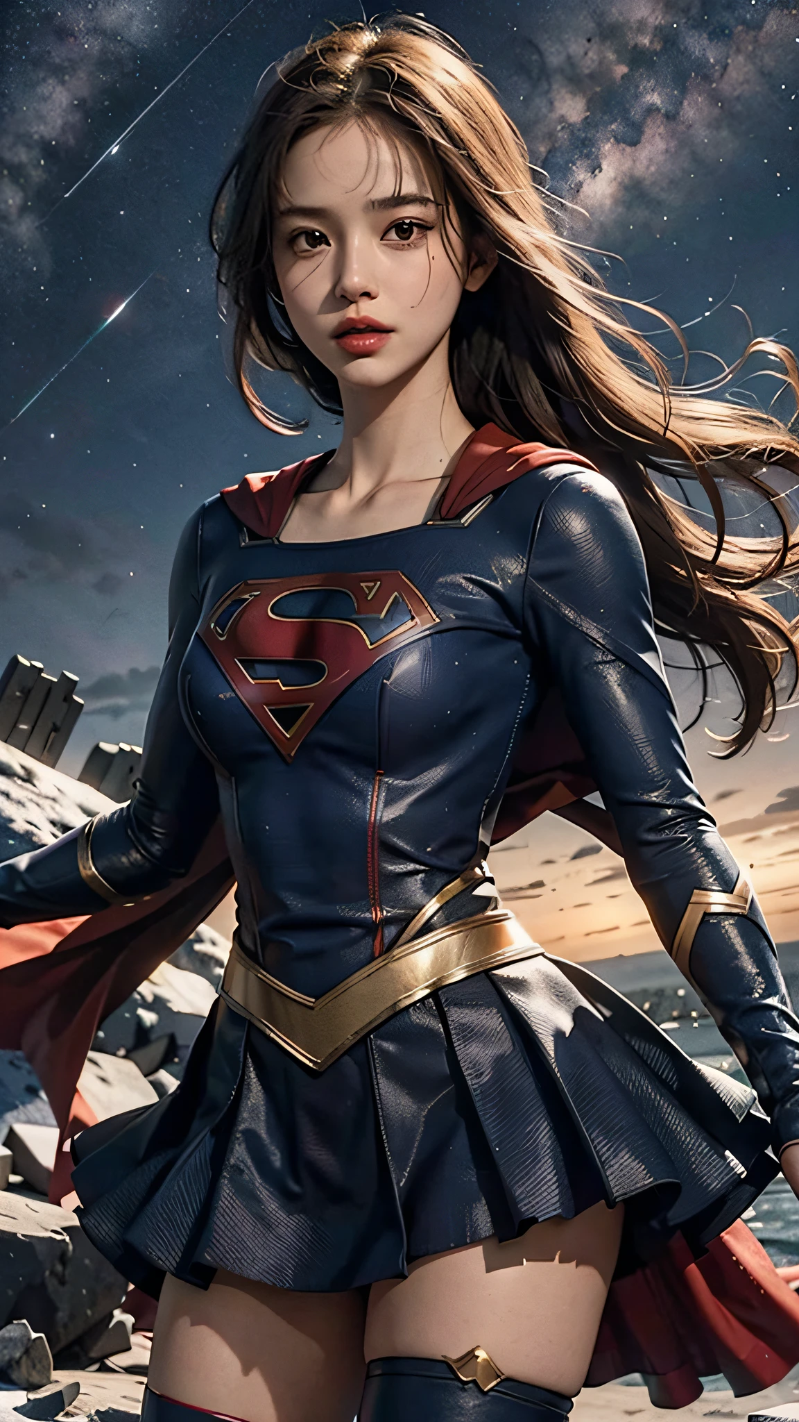 Woman body set, supergirl costume dress, starry sky background