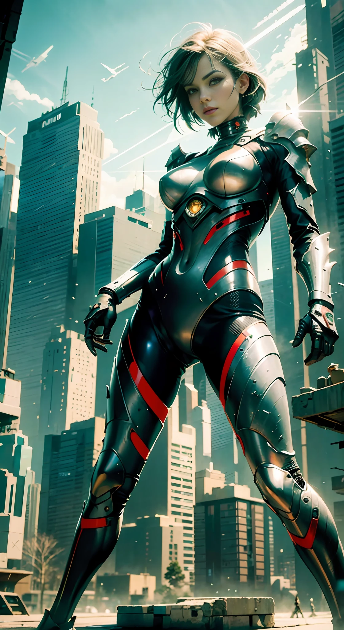 (1man:1.3), solo, fantastic __o jaspion__, official art, 8k unified wallpaper, super detailed, beautiful and beautiful, beautiful, masterpiece, best quality, raw, masterpiece, super thin photo, best quality, super high resolution, photorealistic realism, sunlight, full body portrait, dynamic pose, , vibrant eyes, (seen from the front), he wears a jaspion full-body suit, metallic suit, (laser sword), red-black top, Jaspion, holding a laser sword, very detailed abandoned warehouse background, the sun reflects on his armor, detailed complex busy background, messy, gorgeous, milky white, highly detailed skin, realistic skin details, visible pores, sharp focus, volumetric mist, 8k uhd, DSLR, high quality, film grain, fair skin, photographic realism, lomography, huge metropolis in future dystopia,