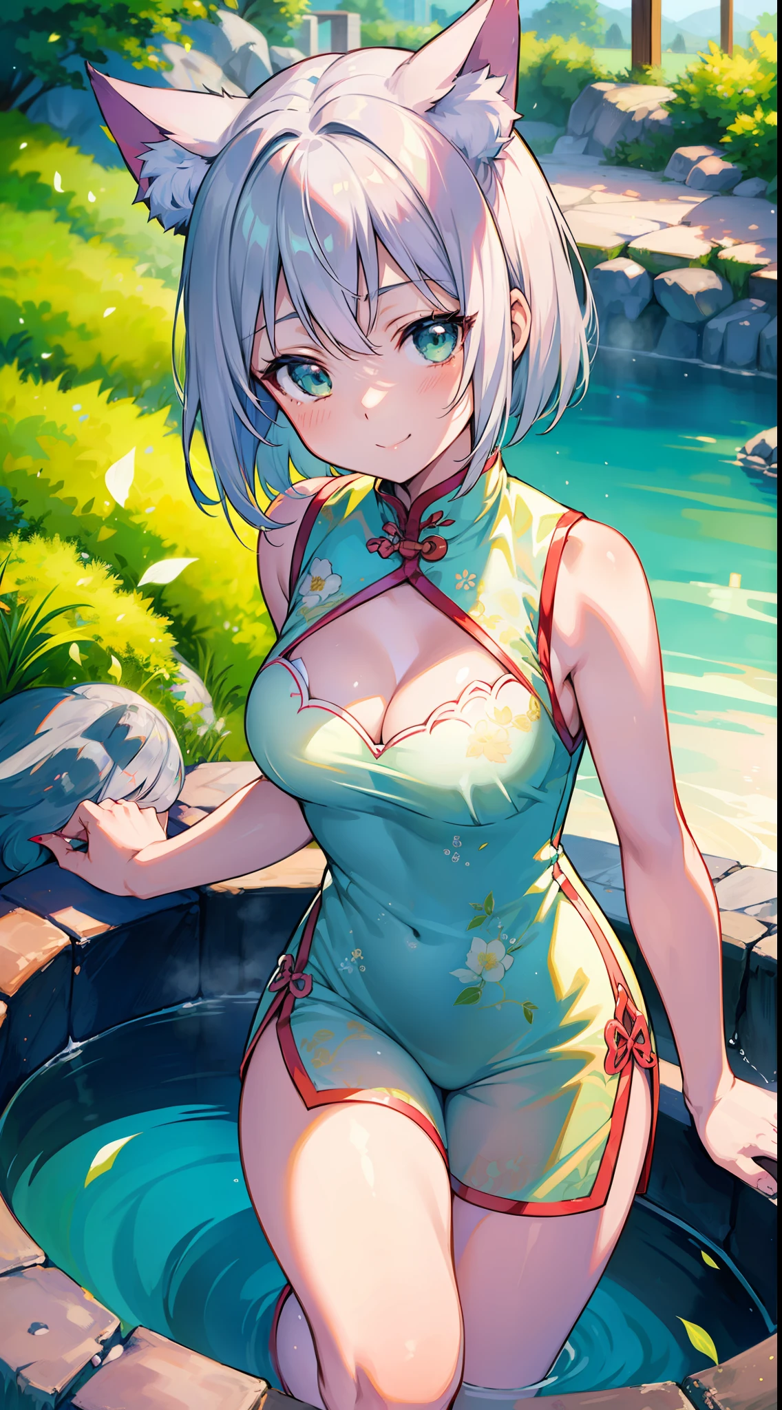 Masterpiece, top quality anime illustration, super detailed, single girl, solo, beautiful girl with silver hair, anime loli, cat ear loli, pale green see-through cheongsam, short cheongsam, sleeveless, smile, bare skin lateral breast, thigh focus, cleavage emphasis, hot spring