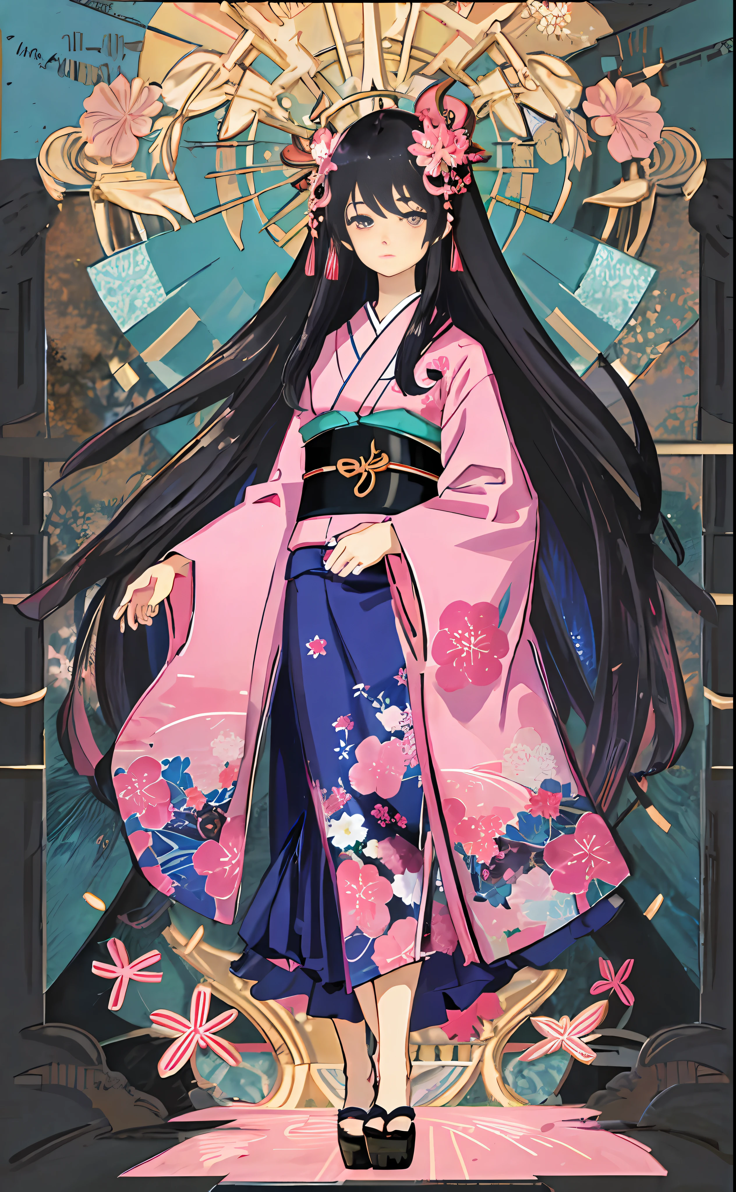 Masterpiece, animate, details, detailed eyes, front, full body shot, away from the camera, facing the camera, character standing painting, 1 girl, stand, eyes blank, (expression indifference*2), gorgeous kimono, pink_blue kimono, intricate patterns on clothes, silky long hair, black hair