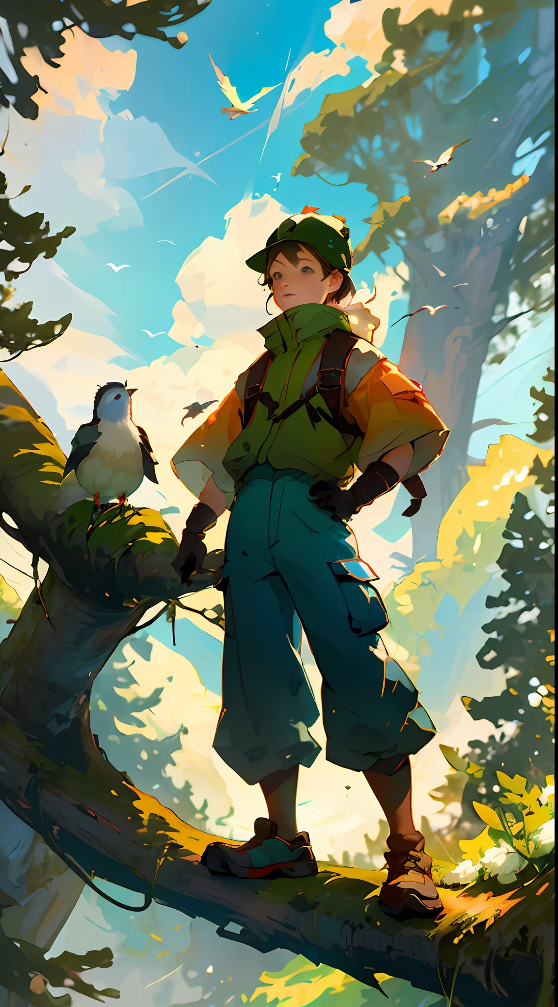 (High quality, 4K, HDR) 1 child boy, adventurer, hat, trail clothes, brave adventurer, beautiful colors in the sky, birds in the background, animal, harmonious forest on a large scale, pants.