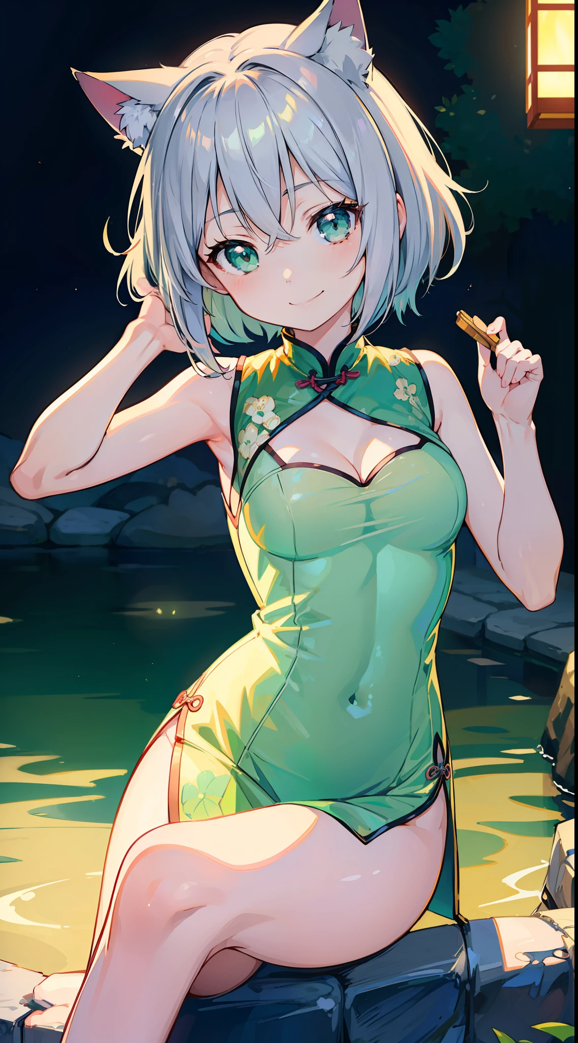 Masterpiece, top quality anime illustration, super detailed, single girl, solo, beautiful girl with silver hair, anime , cat ear lolile green see-through cheongsam, short cheongsam, sleeveless, smile, bare skin lateral breast, thigh focus, cleavage emphasis, hot spring