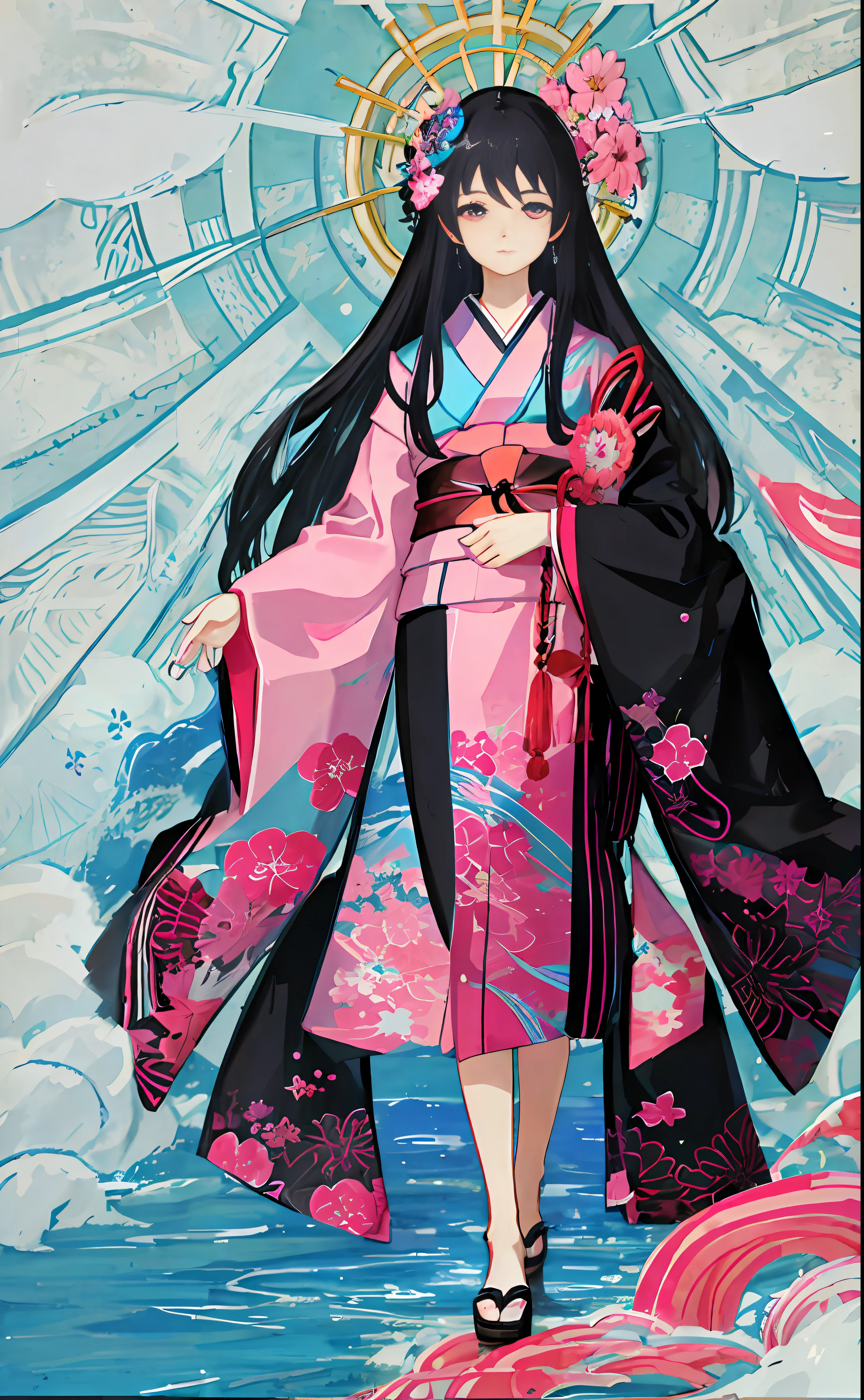 Masterpiece, animate, details, detailed eyes, front, full body shot, away from the camera, facing the camera, character standing painting, 1 girl, stand, eyes blank, (expression indifference*2), gorgeous kimono, pink_blue kimono, intricate patterns on clothes, silky long hair, black hair