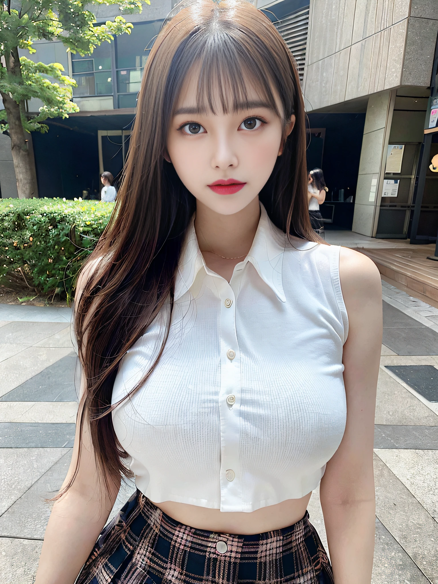 masterpiece, best quality, (realistic, photo-realistic:1.37), 8k, an extremely delicate and beautiful, amazing, finely detail, official art, absurdres, incredibly absurdres, huge filesize, ultra-detailed, extremely detailed, beautiful detailed girl, extremely detailed eyes and face, beautiful detailed eyes, light on face, nsfw, 1girl, white hair, (perfect female figure), slim waist, (kpop idol), (aegyo sal:1), full body, large breasts, standing, school uniform, plaid skirt, collared shirt, sleeveless, bare arms, midriff, unbuttoned, open shirt,, bangs, feminine expressions, ulzzang-6500-v1.1
