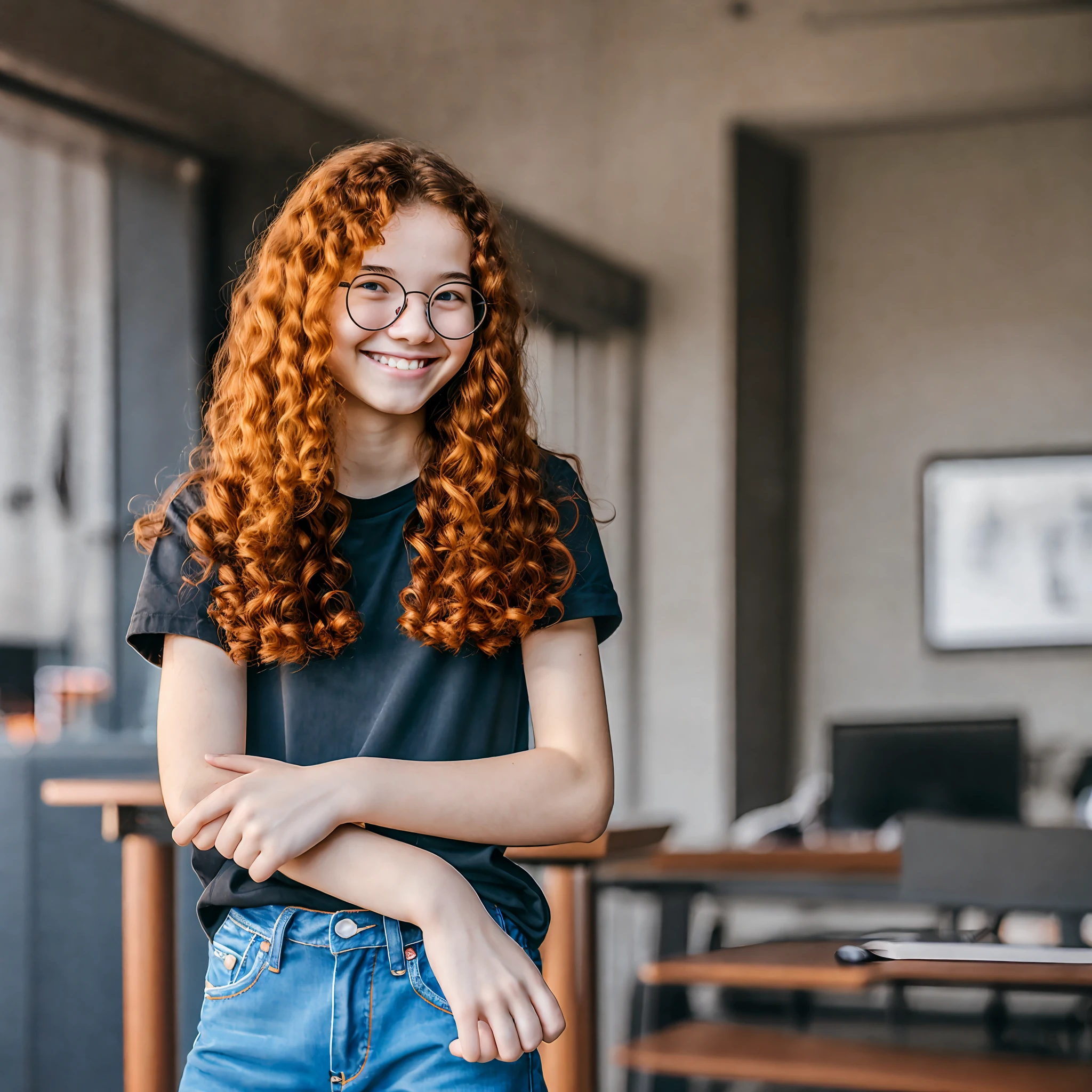 masterpiece, best quality),1 16-year-old teenager, wavy red hair, round glasses, smiling, black T-shirt, wide-mouthed jeans, hand on waist, headphones in ear, warm lighting, blurred foreground, posing for a self picture. --auto --s2