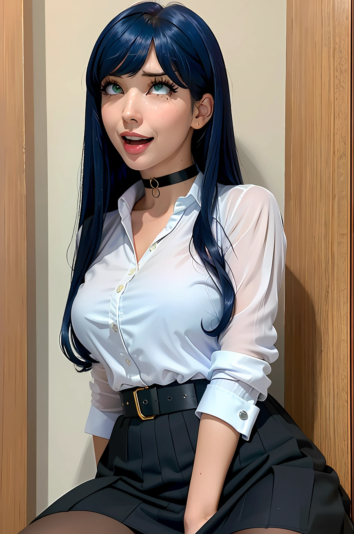 masterpiece, best quality, ultra-detailed, illustration, epic lighting, cinematic composition, isometric, 1girl, (solo:1.5), cute, blue eyes, green eyes, detailed iris, black hair, swept bangs, single sidelock, red hairclip, unbuttoned white shirt, choker, loose black necktie, black skirt, lack pantyhose, formal, enchanting gaze, captivating pose, indoors, office, door, opening door, looking at viewer, peeking out upper body, blush, seductive smile, closed mouth,(8k:1.1), (ahegao:1.5)