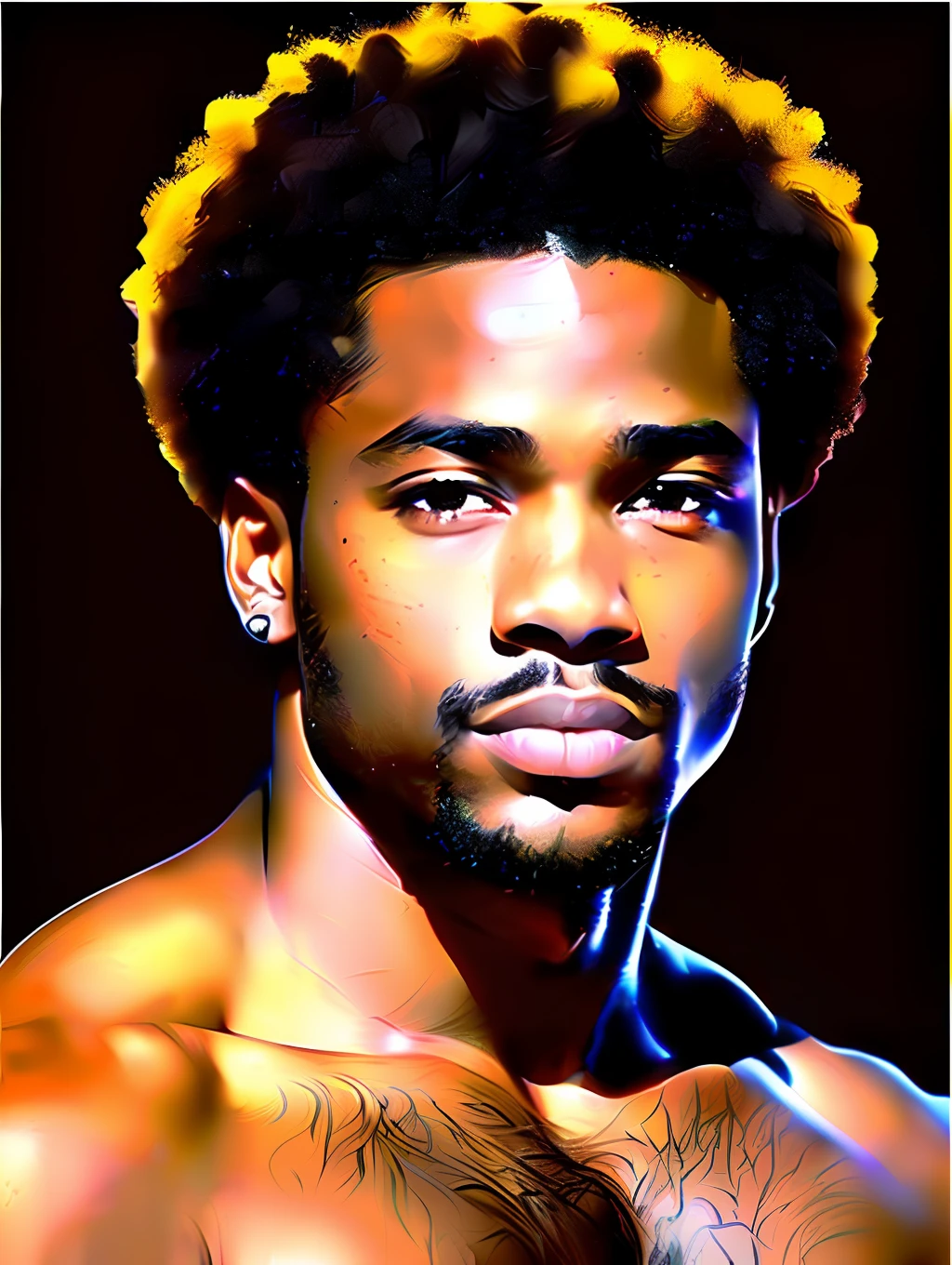 A painted portrait of a fitted Apollo, God of beauty, African American god, African American male beauty, black hair, big expressive eyes, big lips, golden brown skin, handsome male, young, insanely handsome, upper body, muscular, hairy torso, fantasy, intricate, elegant, highly detailed, digital painting, art station, concept art, soft, sharp focus, illustration, art by Bruno B