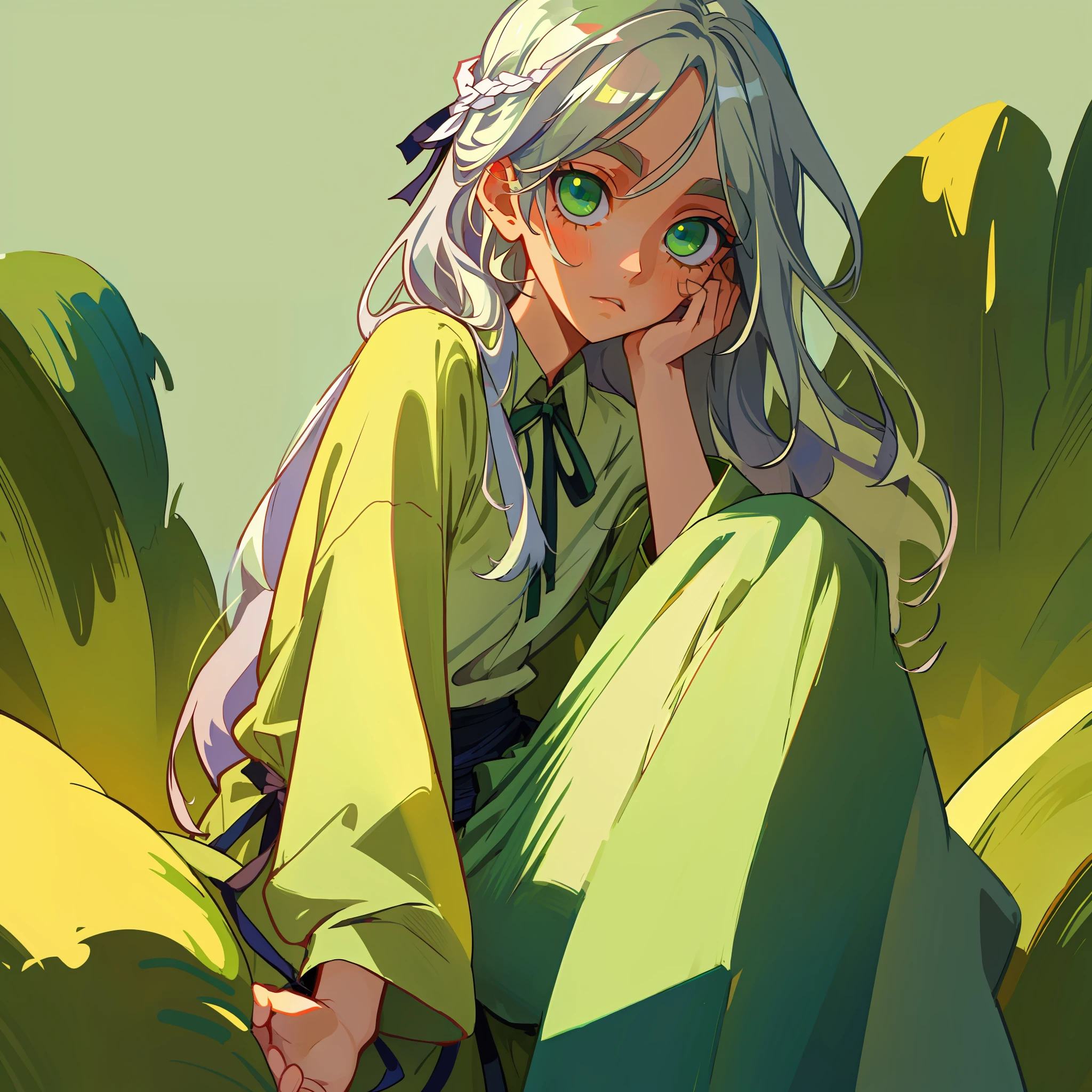2d, masterpiece, best quality, very detailed eyes, very detailed face, 1girl, solo, simple background, white shirt, green pants, silver hair, long hair, white ribbon, light green eyes, looking at the audience, indifference,