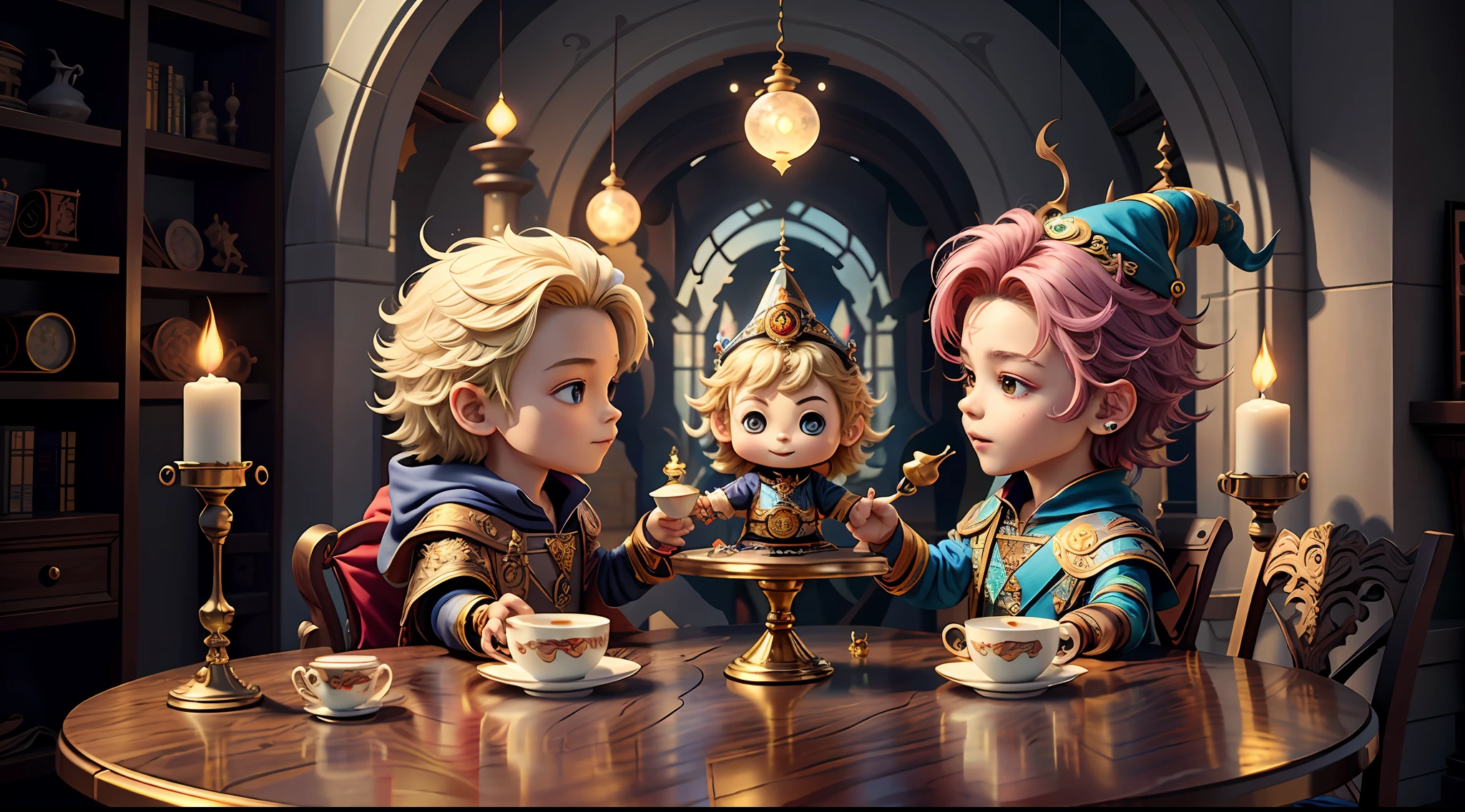 Masterpiece, best quality, [[chibi]], wizard tea party, handsome male witch, beautiful witch, happy, vibrant, colorful