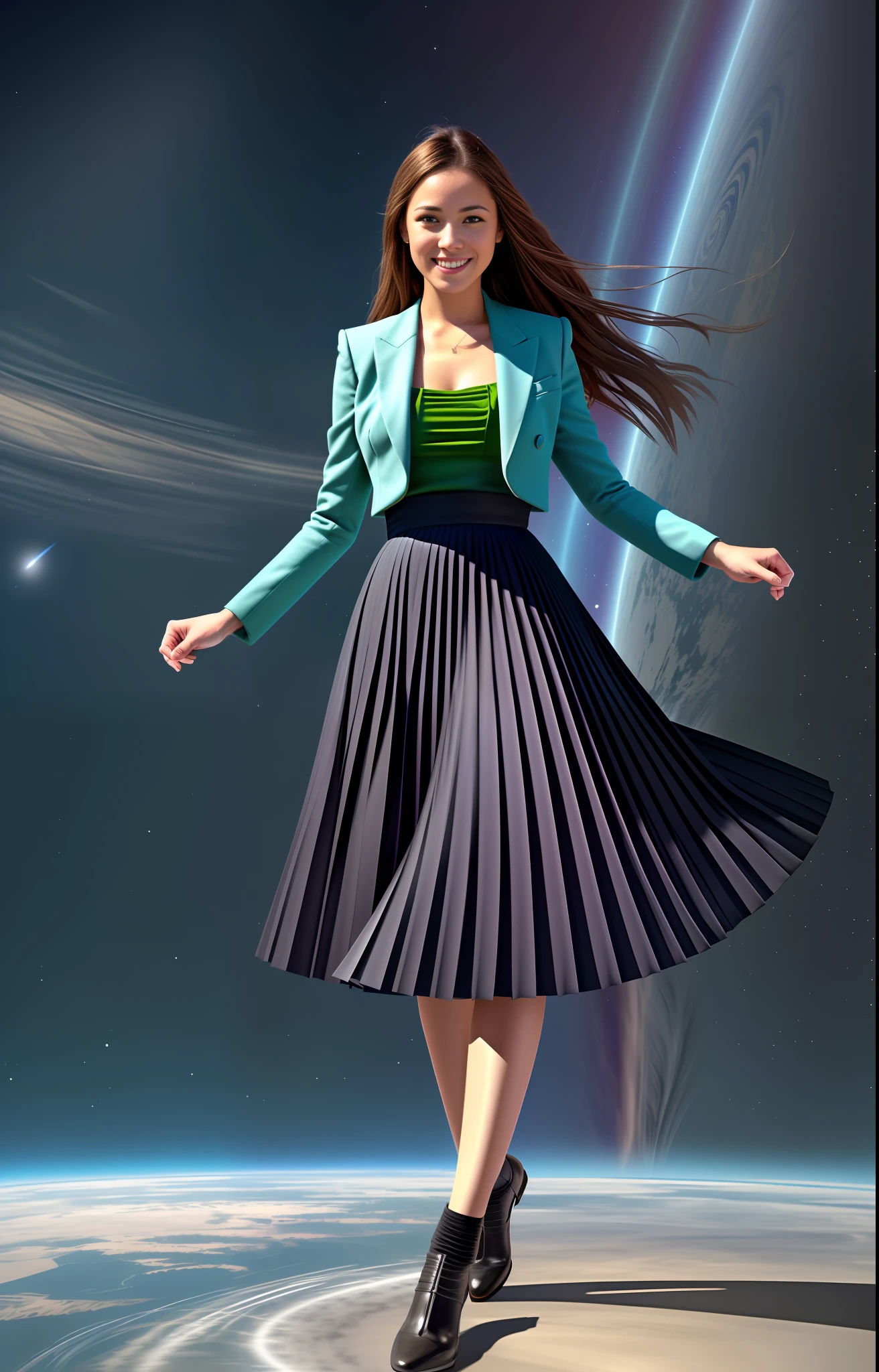 35mm f1.4 Kodak portra 400 photograph, extremely high quality RAW photograph, a therapist is dancing in her skirt (in a flirting manner:1.3) on a space station, (shy) authentic (kind and tender) lesbian woman wearing a short blazer with a very very detailed (long (fully pleated) full circle skirt) and (simple) low heeled office shoes, very very intricate hyper-detailed symmetric (attractive graceful young feminine face) with (sad, tired) eyes and a (flirty smile:1.3), full of empathy and compassion and love, (pronounced feminine features:1,3), big boobs, large breasts, (highly detailed ultra accurate realistic) hands and fingers, ((windy conditions and wind blowing)), epic composition, highly detailed attributes, highly detailed atmosphere, detailed background, intricate, Exquisite details and textures, highly detailed, deep space station secret operations active background