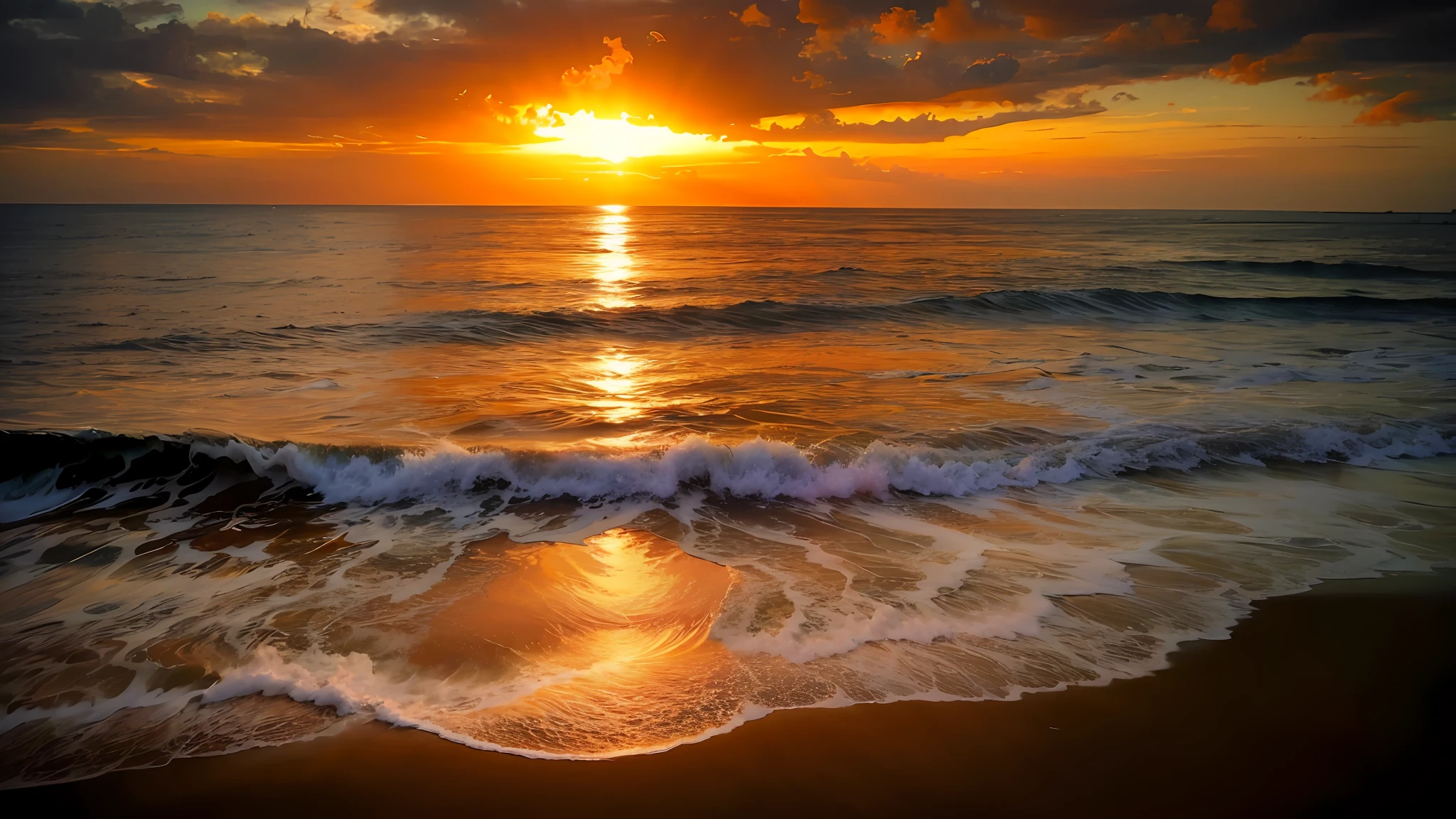 An absolutely mesmerizing sunset over the beach, with a blend of oranges, pinks, and yellows filling the sky. Crystal-clear waters of the sea gently kissing the shore, with sandy white beach stretching far and wide. The scene is dynamic and breathtaking, with seagulls soaring high in the sky and gently swaying palm trees. Take in the calming atmosphere and let the peacefulness wash over you.