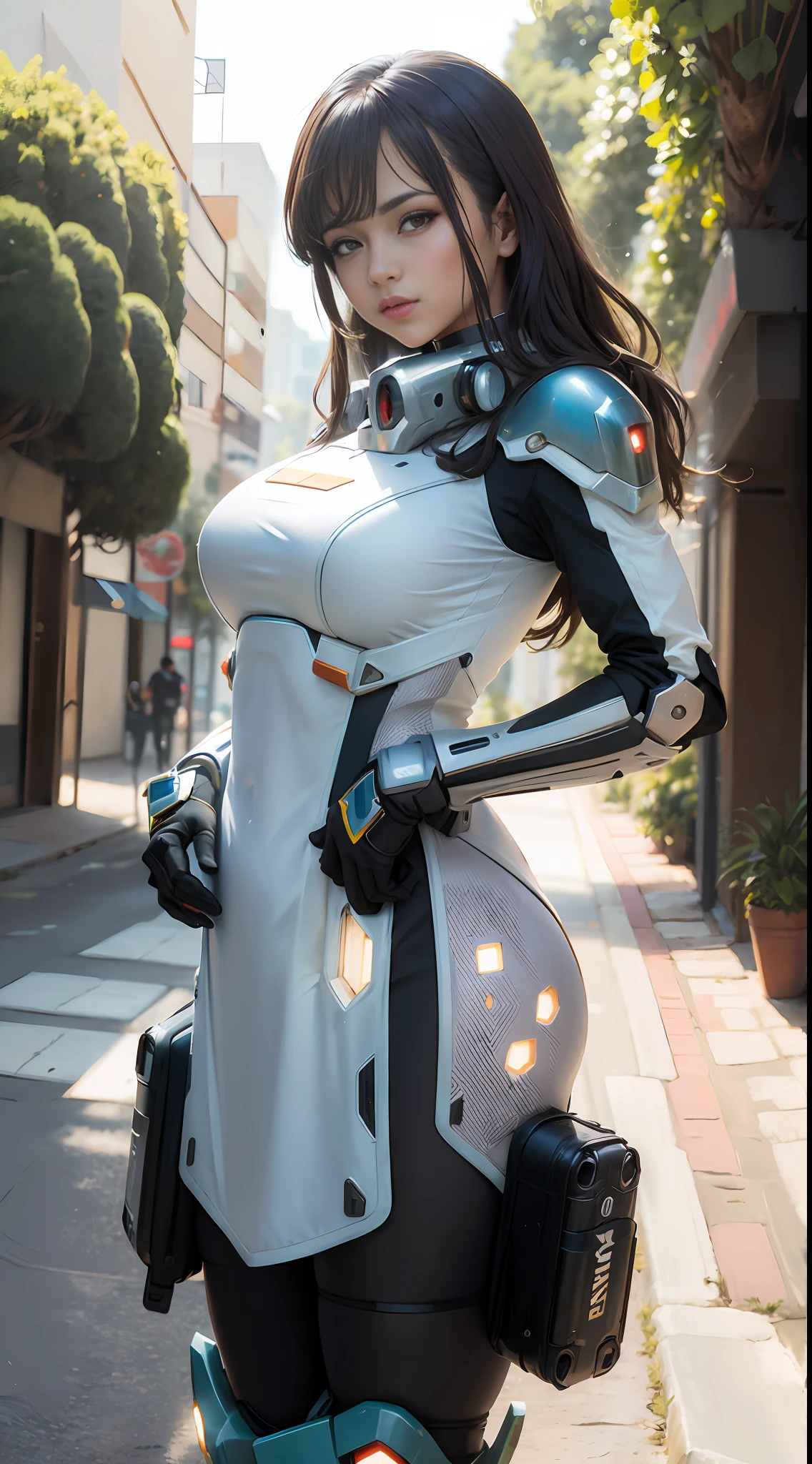 Mecha Maiden, Bustling City, (inspired by the Avengers), Full Body Mecha Coverage, Mecha Maiden, Safety Rating, (8K, foto RAW, fotorrealista: 1, 25), (Muito Brilho Labial, Muitos Cílios, Melhor Qualidade, Ultra Alta Resolução, Profundidade de Campo, Aberração Cromática, Luz Ampla, Cor Natural, distant images (1:2)