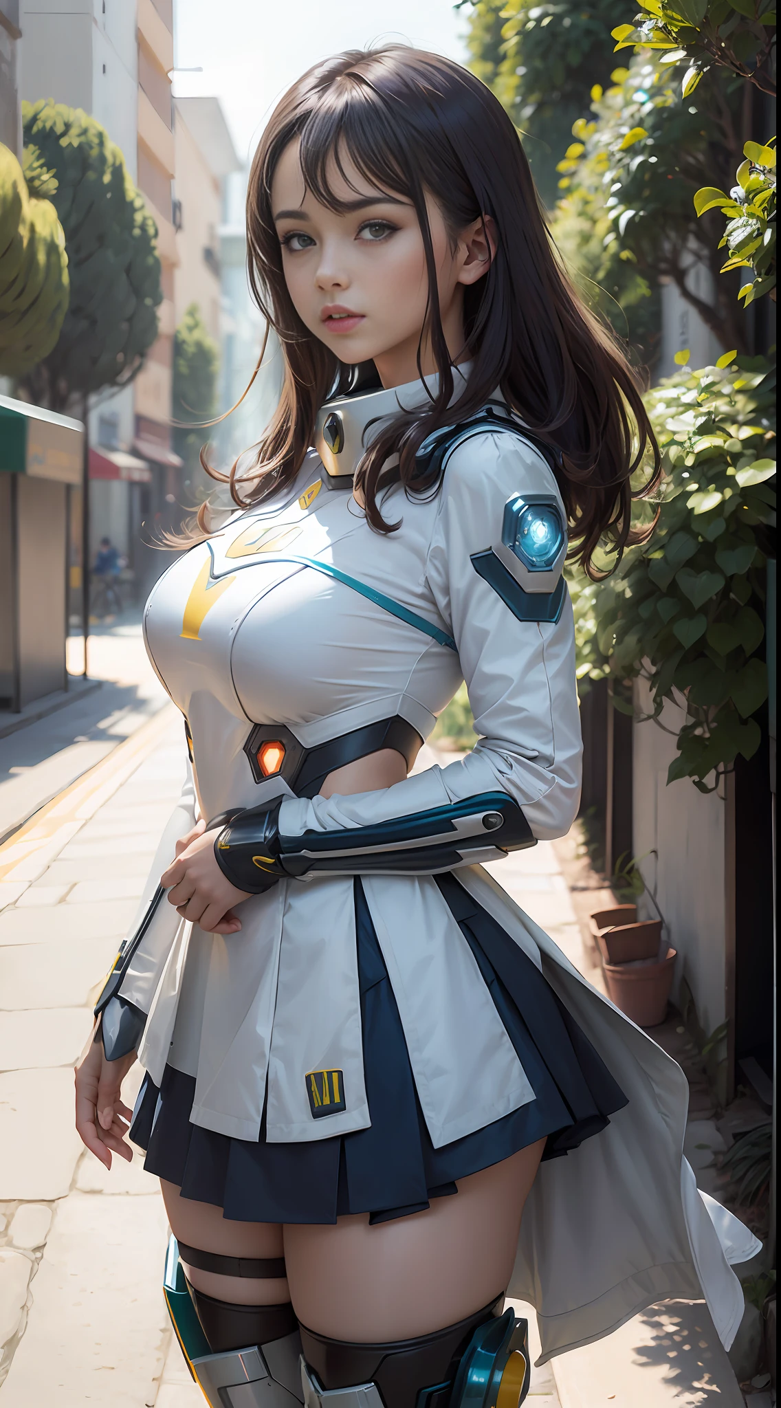 Mecha Maiden, Bustling City, (inspired by the Avengers), Full Body Mecha Coverage, Mecha Maiden, Safety Rating, (8K, foto RAW, fotorrealista: 1, 25), (Muito Brilho Labial, Muitos Cílios, Melhor Qualidade, Ultra Alta Resolução, Profundidade de Campo, Aberração Cromática, Luz Ampla, Cor Natural, distant images (1:2)