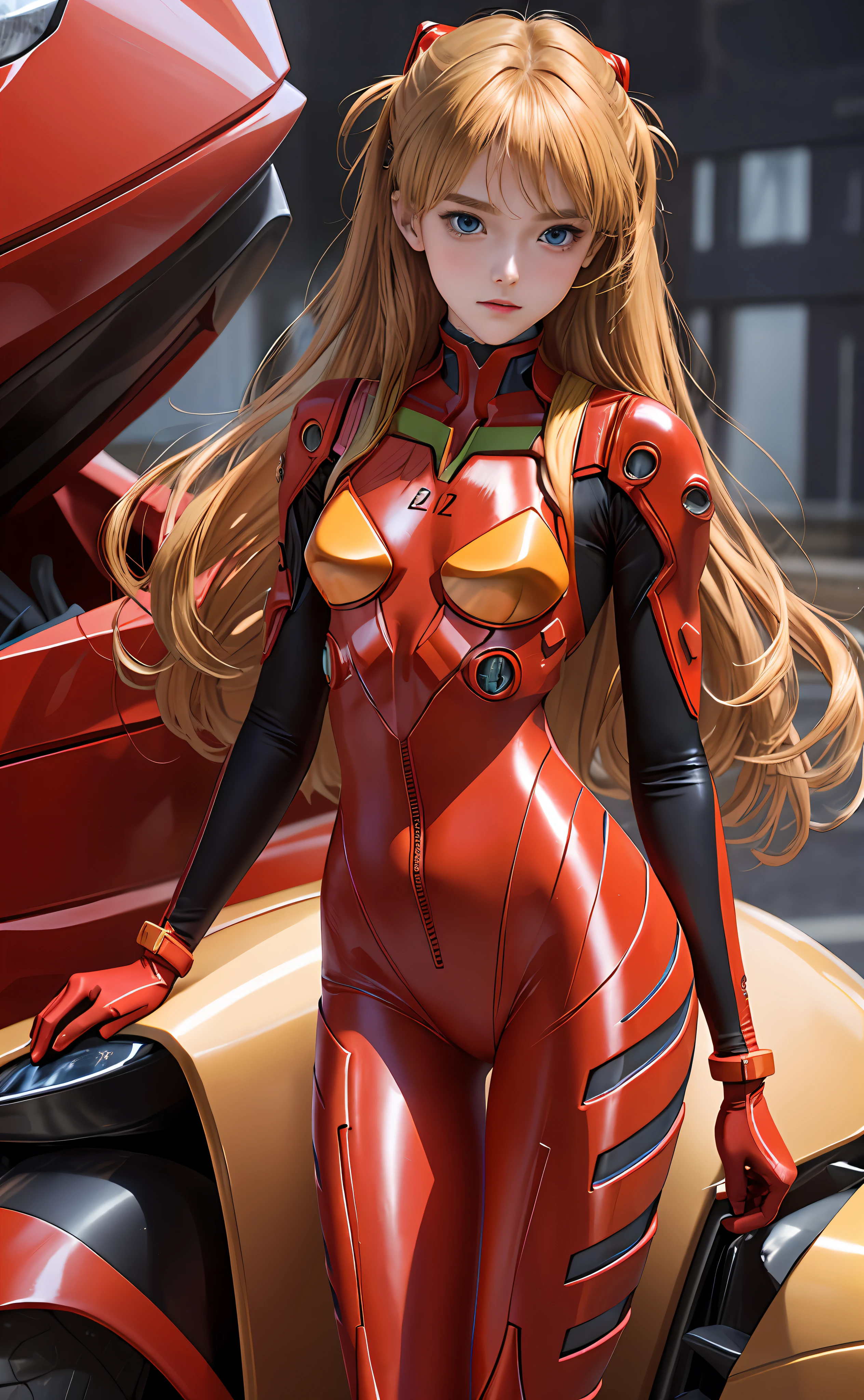 Realistic, Solo, Perfect Detail Face, Detailed Blue Eyes, Very Detailed, Blushing, Hair Ornament, Chignon Mahogany Hair, (Blonde Hair), Plug Suit 02,Shikinami Asuka Langley, Evangelion, slender 15 year old girl, full body suit, black background