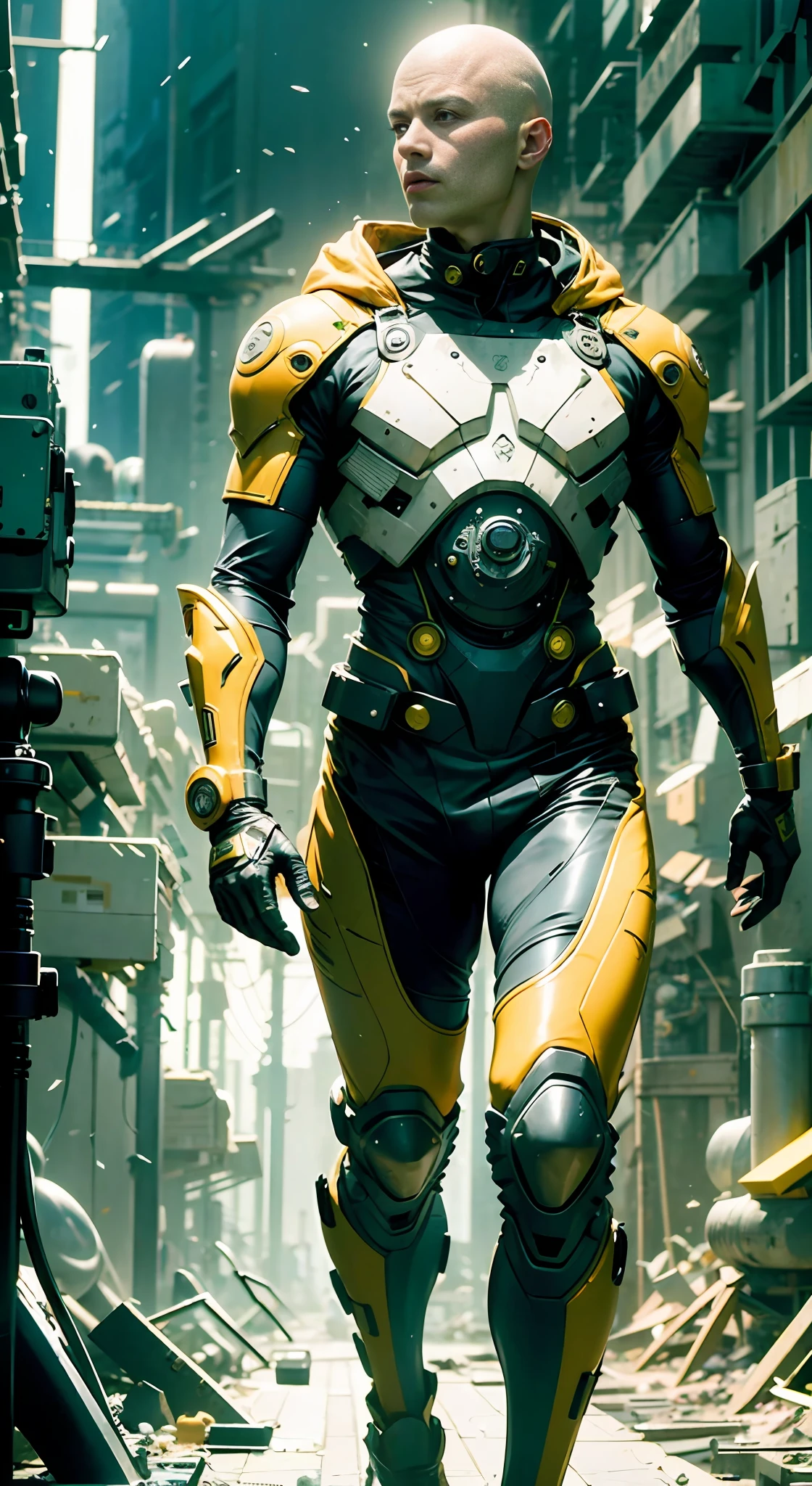 (1man bald:1.3), solo, __body-parts__, official art, 8k unified wallpaper, super detailed, beautiful and beautiful, beautiful, masterpiece, best quality, raw, masterpiece, super thin photo, best quality, super high resolution, photorealistic realism, sunlight, full body portrait, dynamic pose, male face, vibrant eyes, (seen from the front), he wears a satama full-body suit,  full suit, (yellow cover), blue-black top, yellow cover, Saitama, a capital letter on the chest, very detailed abandoned warehouse background, detailed face, detailed complex busy background, messy, gorgeous, milky white, highly detailed skin, realistic skin details, visible pores, sharp focus, volumetric mist, 8k uhd, DSLR, high quality, film grain, light skin, photographic realism, lomography,  huge metropolis in future dystopia,