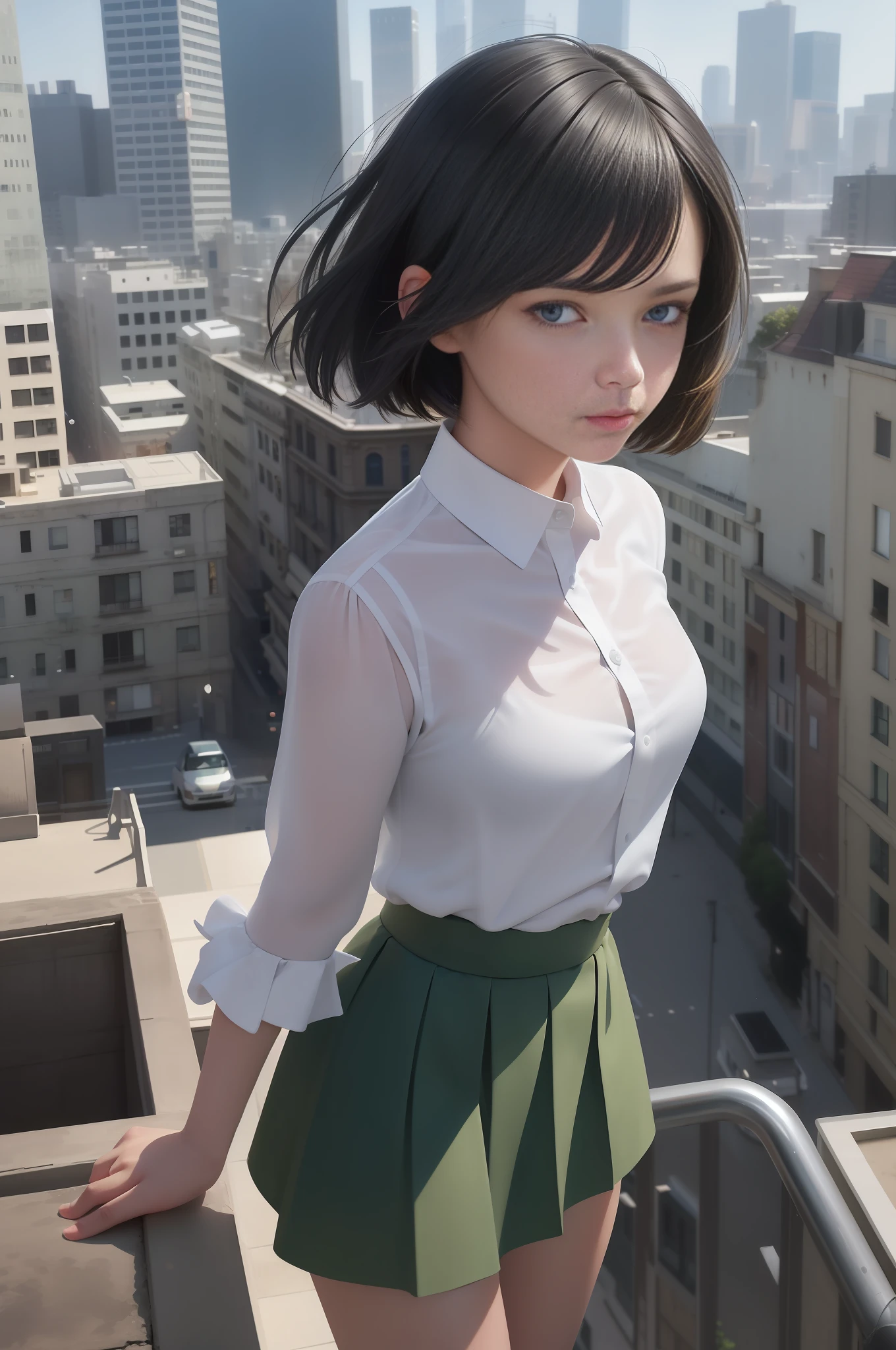 masterpiece, best image , black hair, blue eyes, looking up, upper body, thin transparent shirt with white collar, textured face, stubborn stance, on the roof of a building, very detailed city roof background, standing with rooftop railing, overlooking the city, with the PARCO sign of the next building in the background, shading, light awn, watercolor style, one girl surrounded by the roof of the building, pointed, ultra high definition face, detailed eyes, Neat thin soft cloth green skirt, random hairstyle short hair, green ribbon, (8K, RAW, professional, best quality, masterpiece: 1.2), (realistic, photorealistic: 1.37), super detail, (portrait), (best detail skin: 1.2), (best detail face: 1.2), cinematic lighting