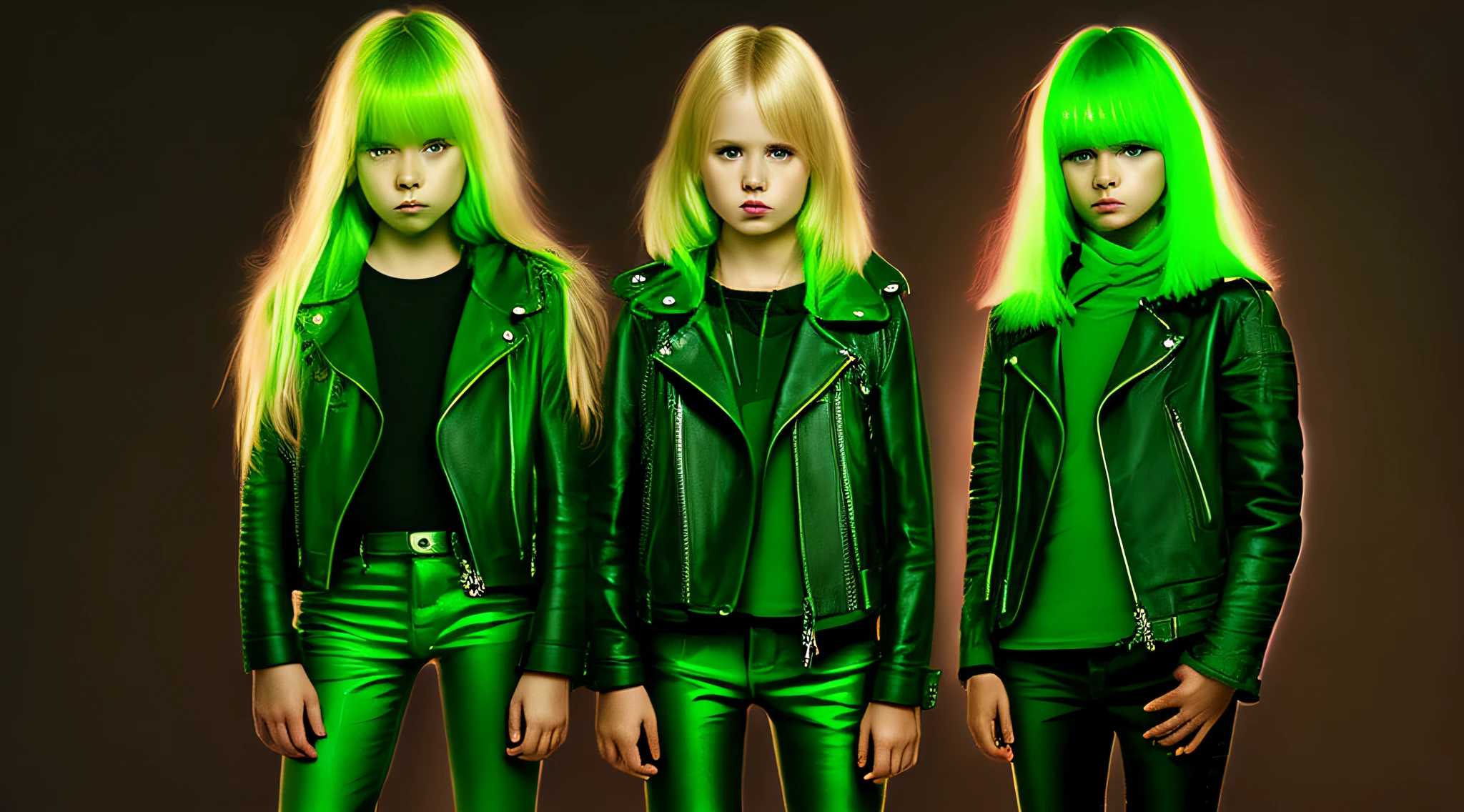 3 kids girls WITH STRAIGHT blonde HAIR, green leather jacket and black clothes. PORTRAT STYLE, a green glow, detalized background of green glow, green glow, green ambient light, bright green, radioactive glow green, neon green, sickening green colors.