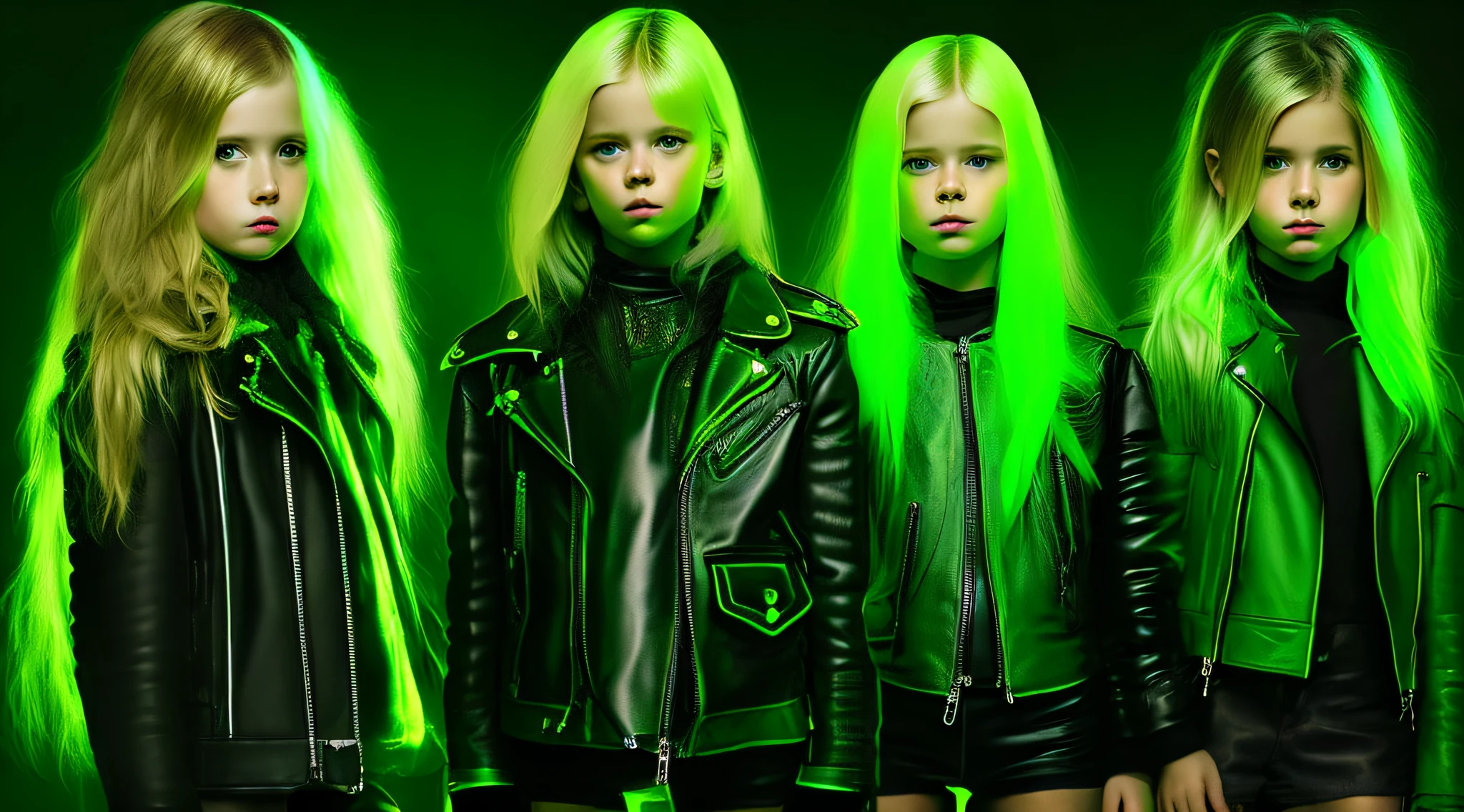 3 kids girls WITH STRAIGHT blonde HAIR, green leather jacket and black clothes. PORTRAT STYLE, a green glow, detalized background of green glow, green glow, green ambient light, bright green, radioactive glow green, neon green, sickening green colors.