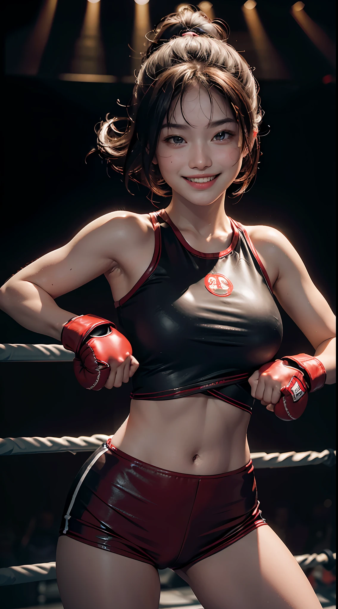 Best Quality, Masterpiece, Ultra High Resolution, (Realisticity: 1.4), Original Photo, 1Girl, Wearing Boxing Gloves Gym Emoji Smile Bare shoulders, cinematic lighting