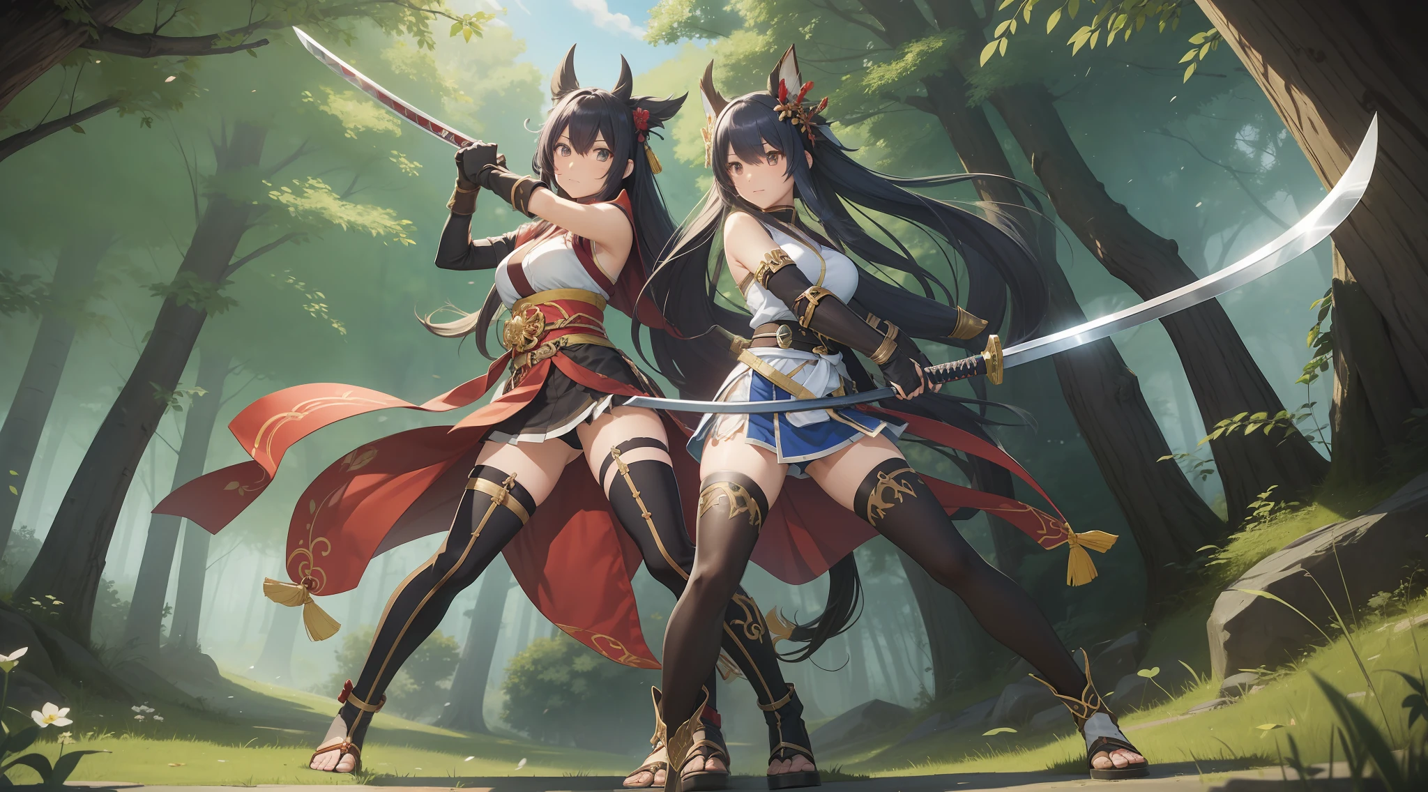 Full body shot of two adult female character from ragnarok online games. They locked fighting in an intense battle, attacking each other, wielding katana with deadly intent. They have different long loose hairstyle. Both of them wears wears a different traditional short kimono, with a obi tied on their back, and skirt. On their hands, they also wear black thin elbow gloves. On their feet, they also wears black thigh high socks and below the black boots. The battle takes place in a night forest.