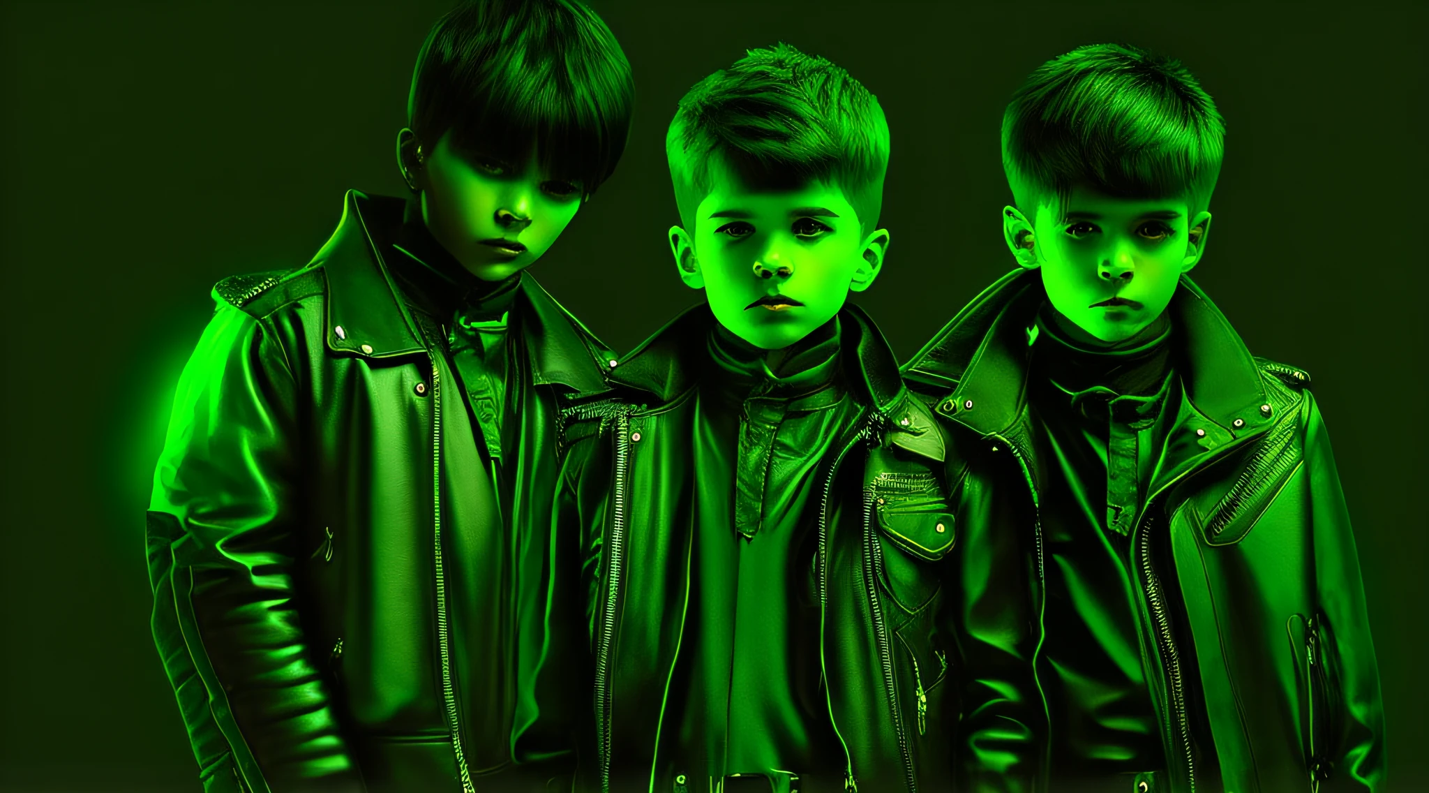 3 children boys WITH STRAIGHT DARK HAIR, green leather jacket and black clothes. PORTRAT STYLE, a green glow, detalized background of green glow, green glow, green ambient light, bright green, radioactive glow green, neon green, sickening green colors.