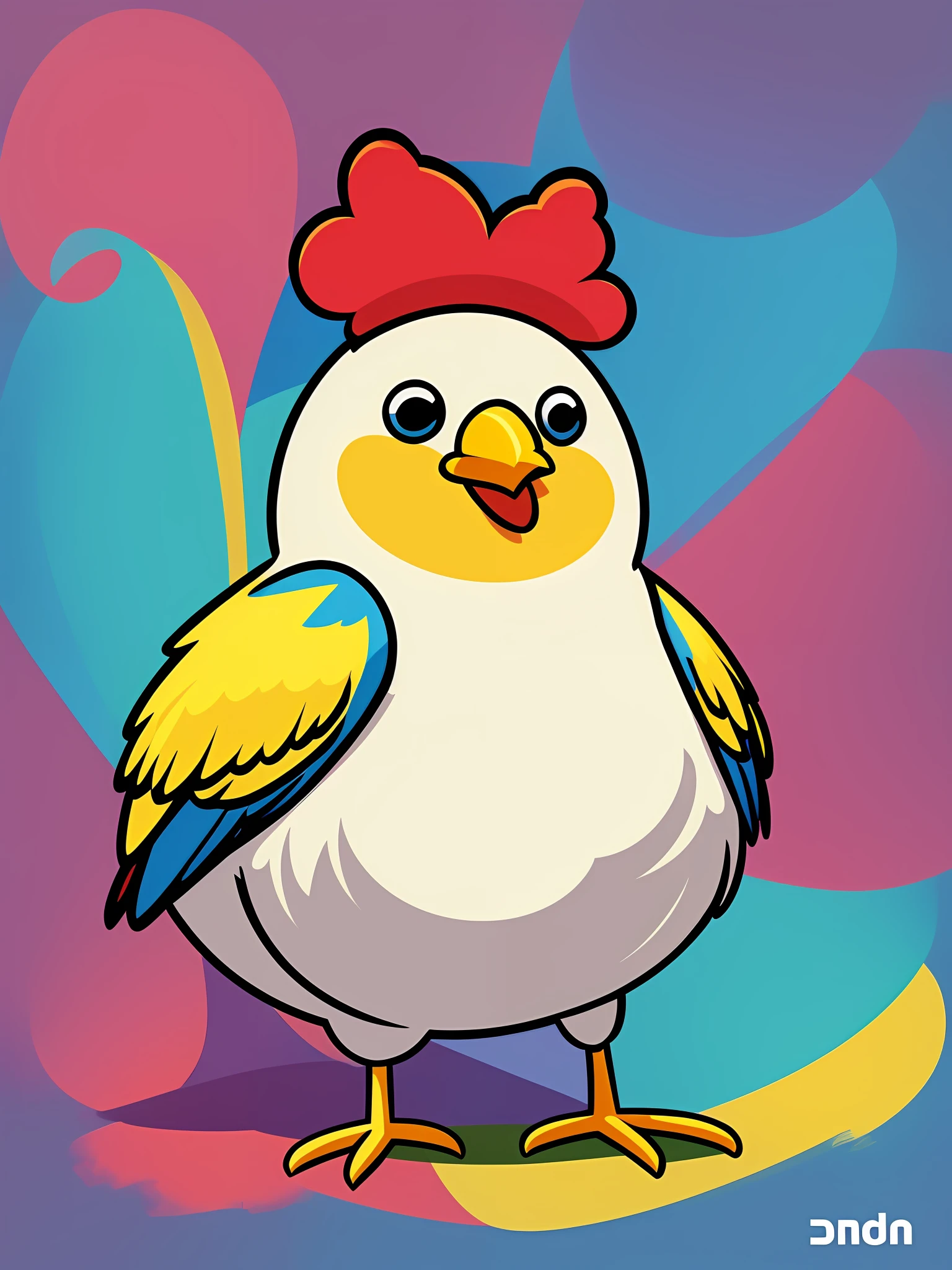 Drawing style Chicken Pintadinha: adorable and captivating character, rounded body, soft strokes and cartoonish aesthetic. Vibrant colors, shades of blue, yellow and red with subtle variations. Big, expressive eyes, sympathetic face with infectious smile. Smooth, curved lines, with a few lines set to highlight outlines. Fully transparent background. Configuration: Pixel: 0x480, Resolution: 1, Sampling method: DDIM, Number of steps: 15, CFG scale: 10, Seed: 456, Upscale: 1. Tags: masterpiece, chn's character, Chicken Pintadinha, vibrant colors, soft lines, joy, transparent background. --auto --s2