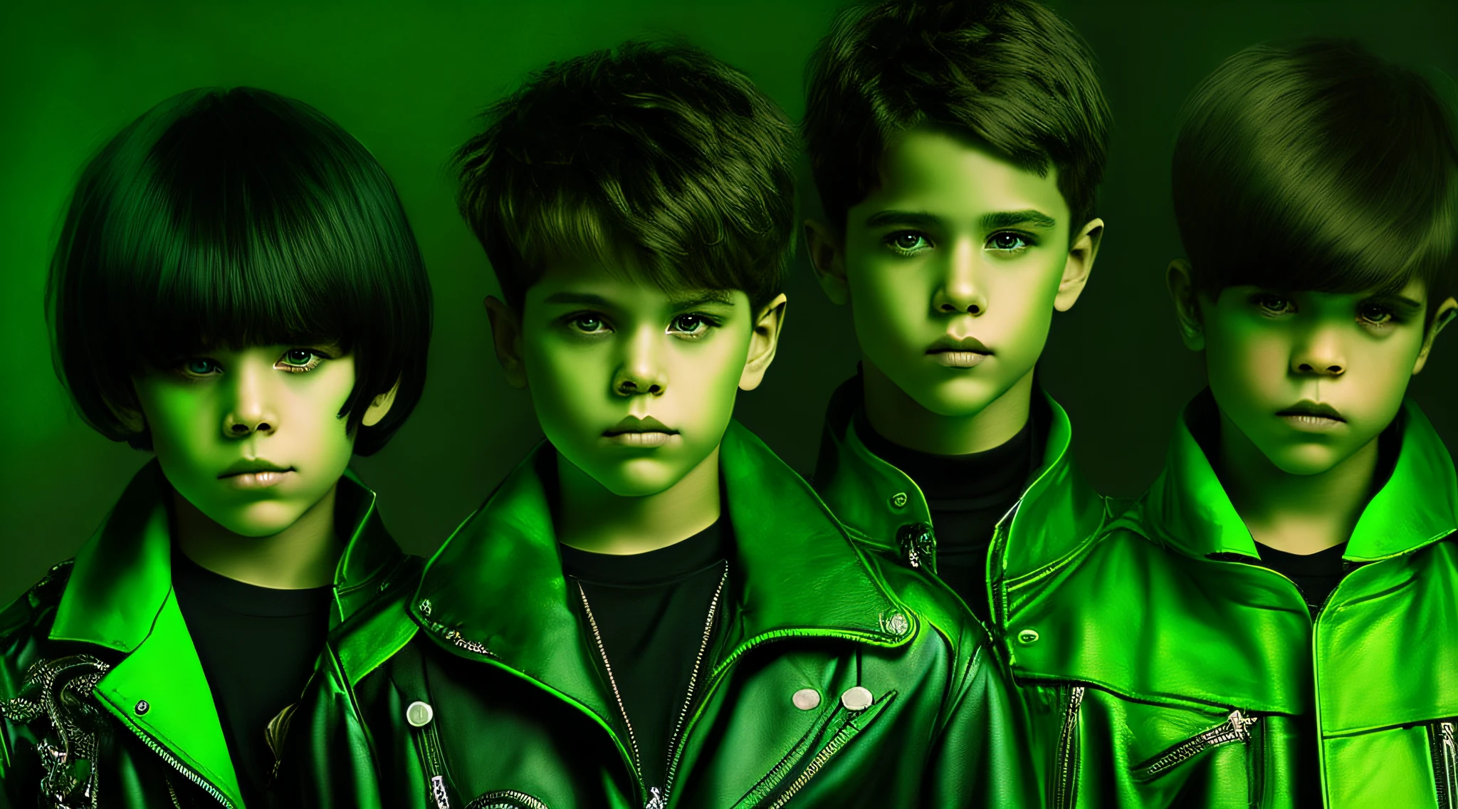3 boys WITH STRAIGHT DARK HAIR, green leather jacket and black clothes. PORTRAT STYLE, a green glow, detalized background of green glow, green glow, green ambient light, bright green, radioactive glow green, neon green, sickening green colors.