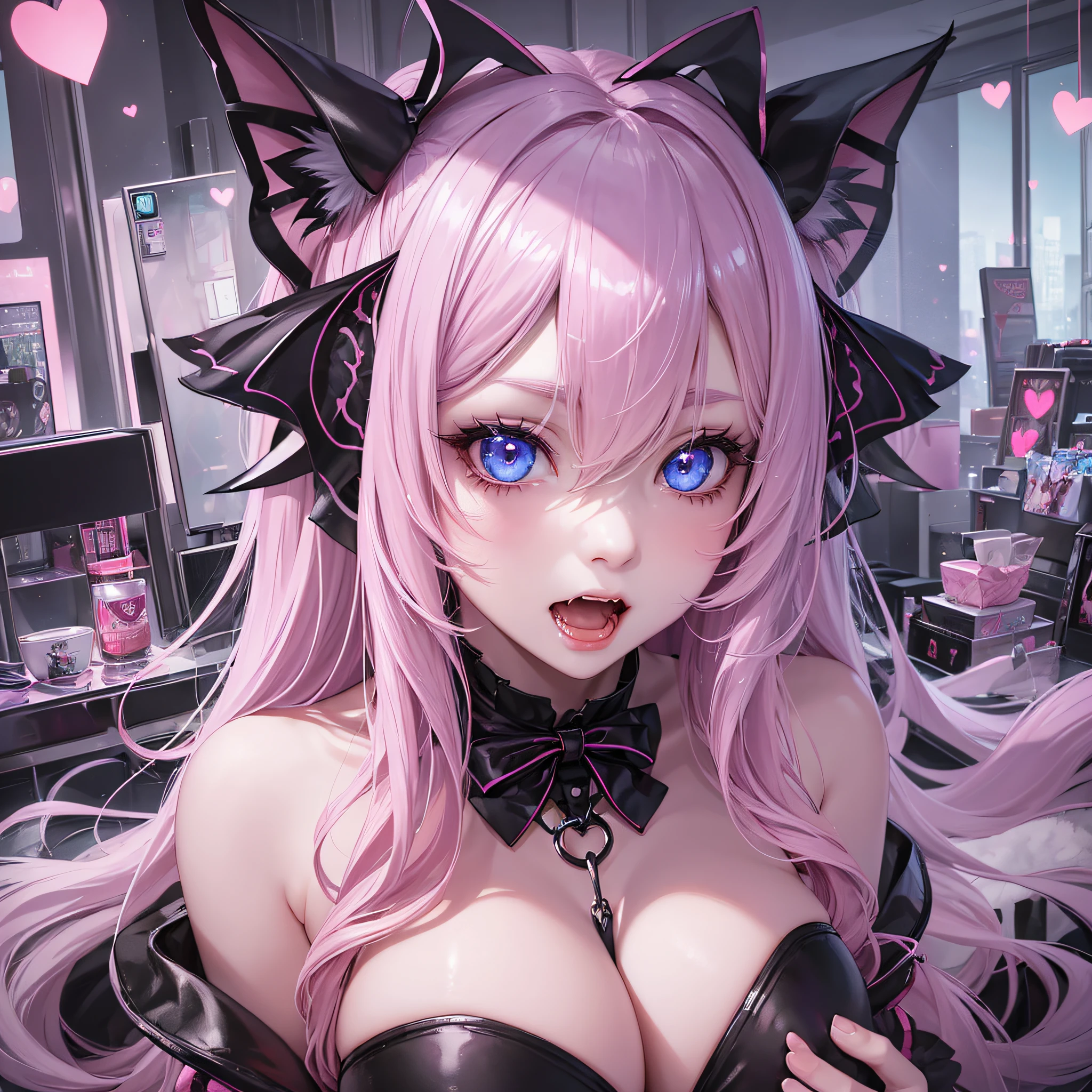 1 girl, big, succubus, long pink hair, pale skin, heart-shaped light blue eyes, fangs, white cat ears,