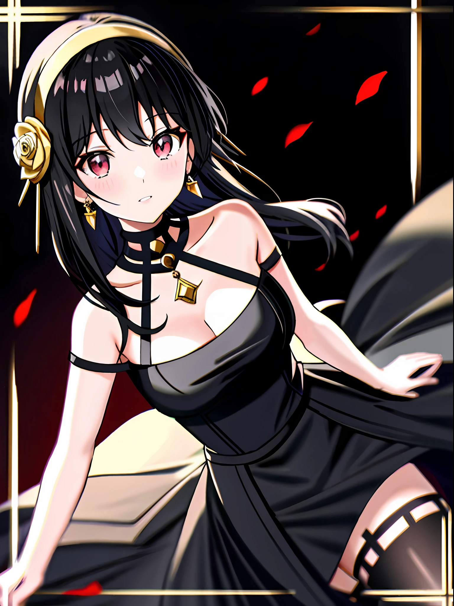 Yor Briar, 1girl, anime girl in black dress, 1 - anime gothic girl, detailed doujin art, high quality doujin art, is a slim and cute anime woman in beautiful clothes, bare shoulders, black skirt, black hair, breasts, shut up, skirt, earrings, flower, hair flower, hair ornament, headband, jewelry, medium chest, long hair, looking at the audience, red eyes, side hair, sleeveless, solo, upper body, black background, ((masterpiece))